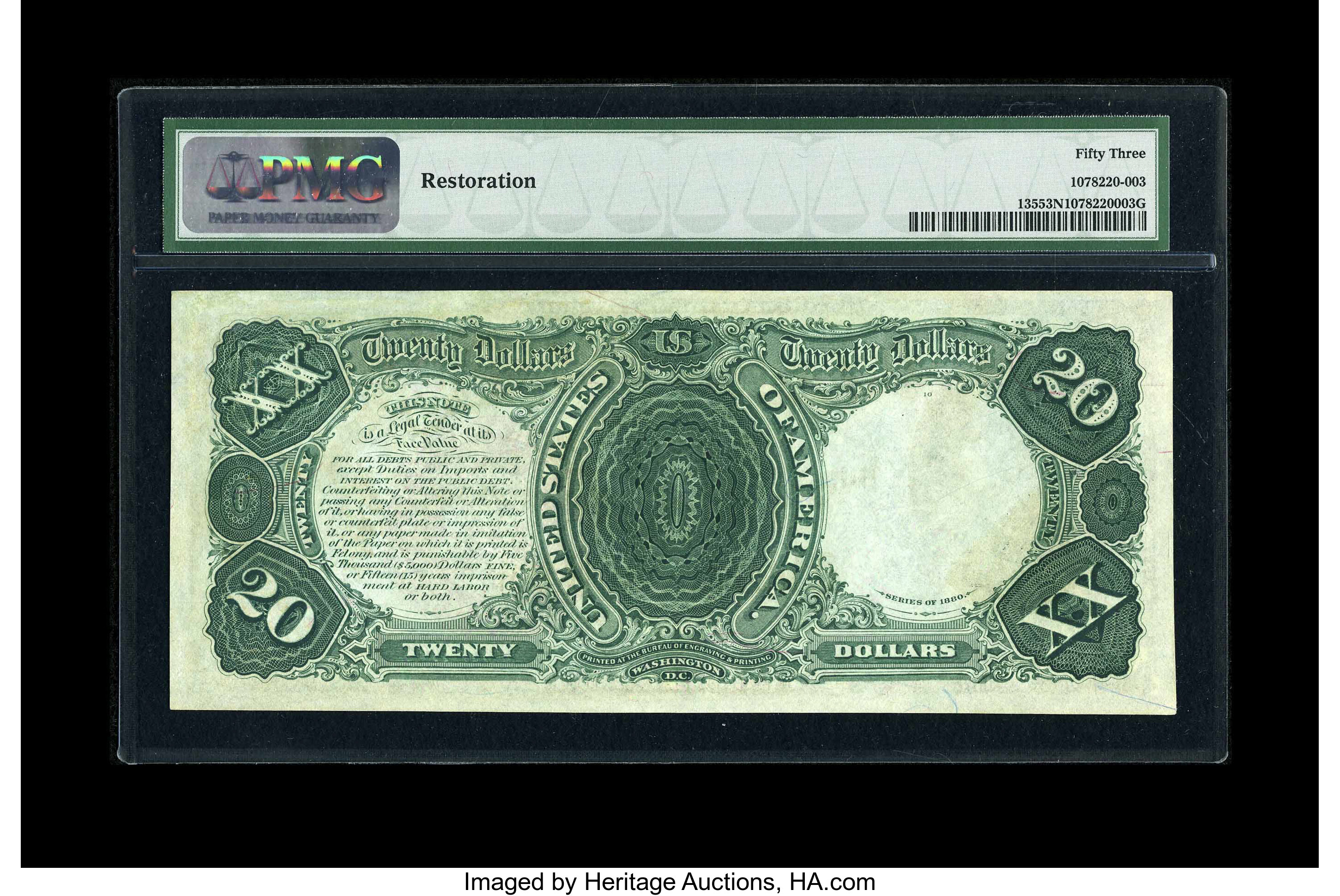 image for: Fr. 135 $20 1880 Legal Tender PMG About Uncirculated 53 Net....