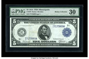image for: Fr. 876 $5 1914 Federal Reserve Note PMG Very Fine 30.