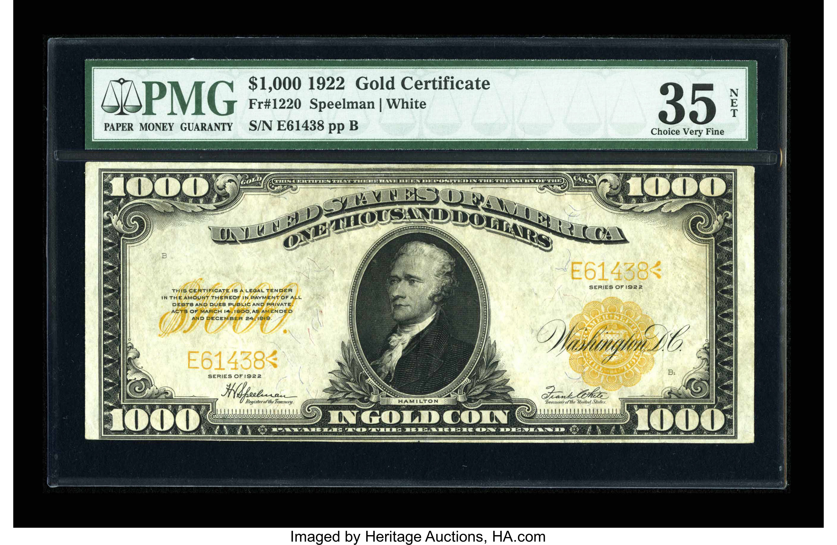 image for: Fr. 1220 $1000 1922 Gold Certificate PMG Very Fine 35 Net....