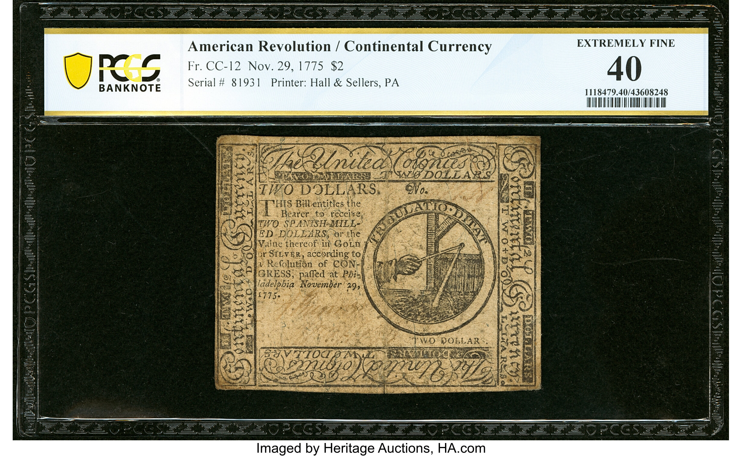 image for: Continental Currency November 29, 1775 $2 PCGS Banknote Extremely Fine 40....