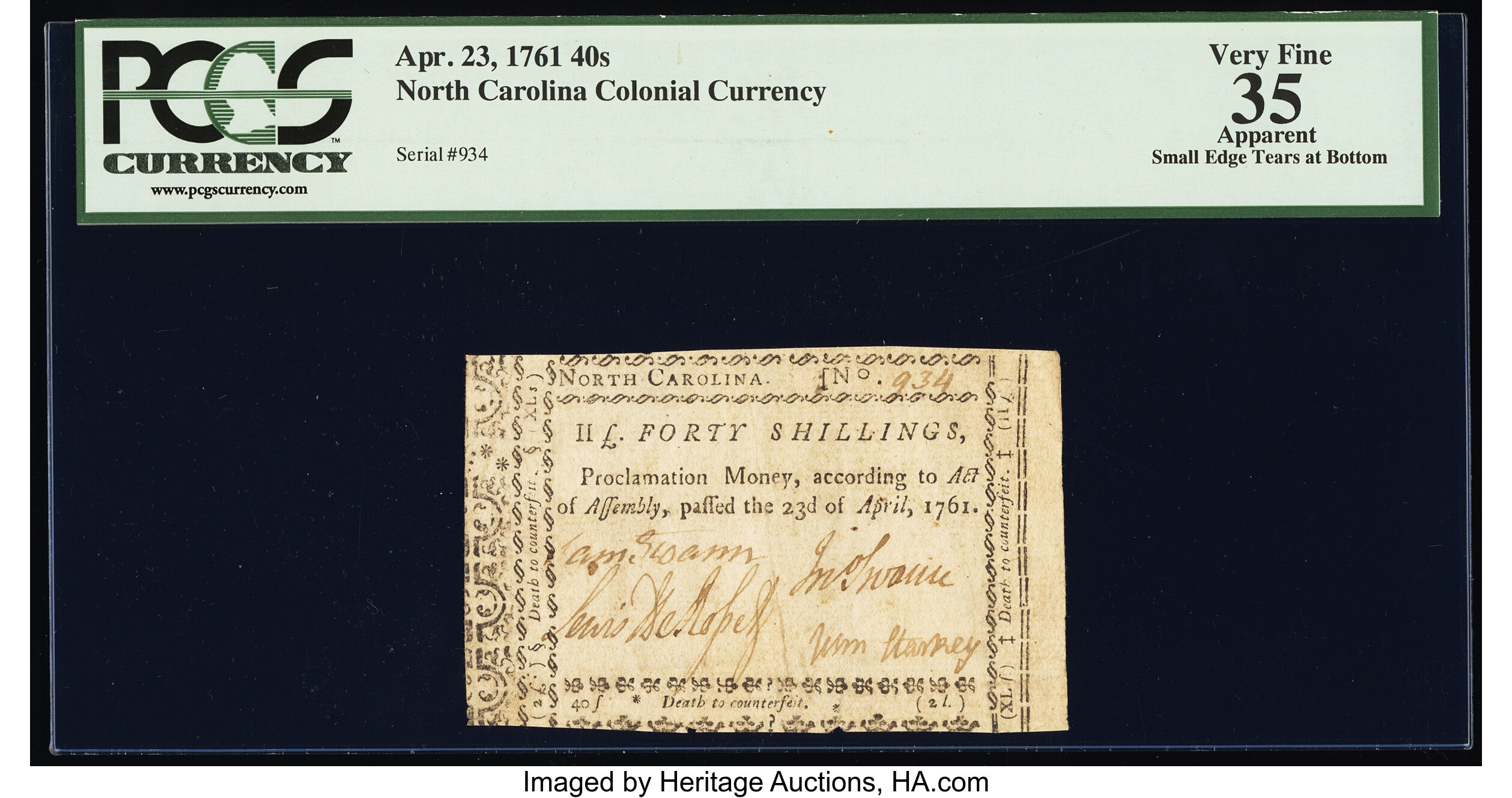 image for: North Carolina April 23, 1761 40s PCGS Apparent Very Fine 35....