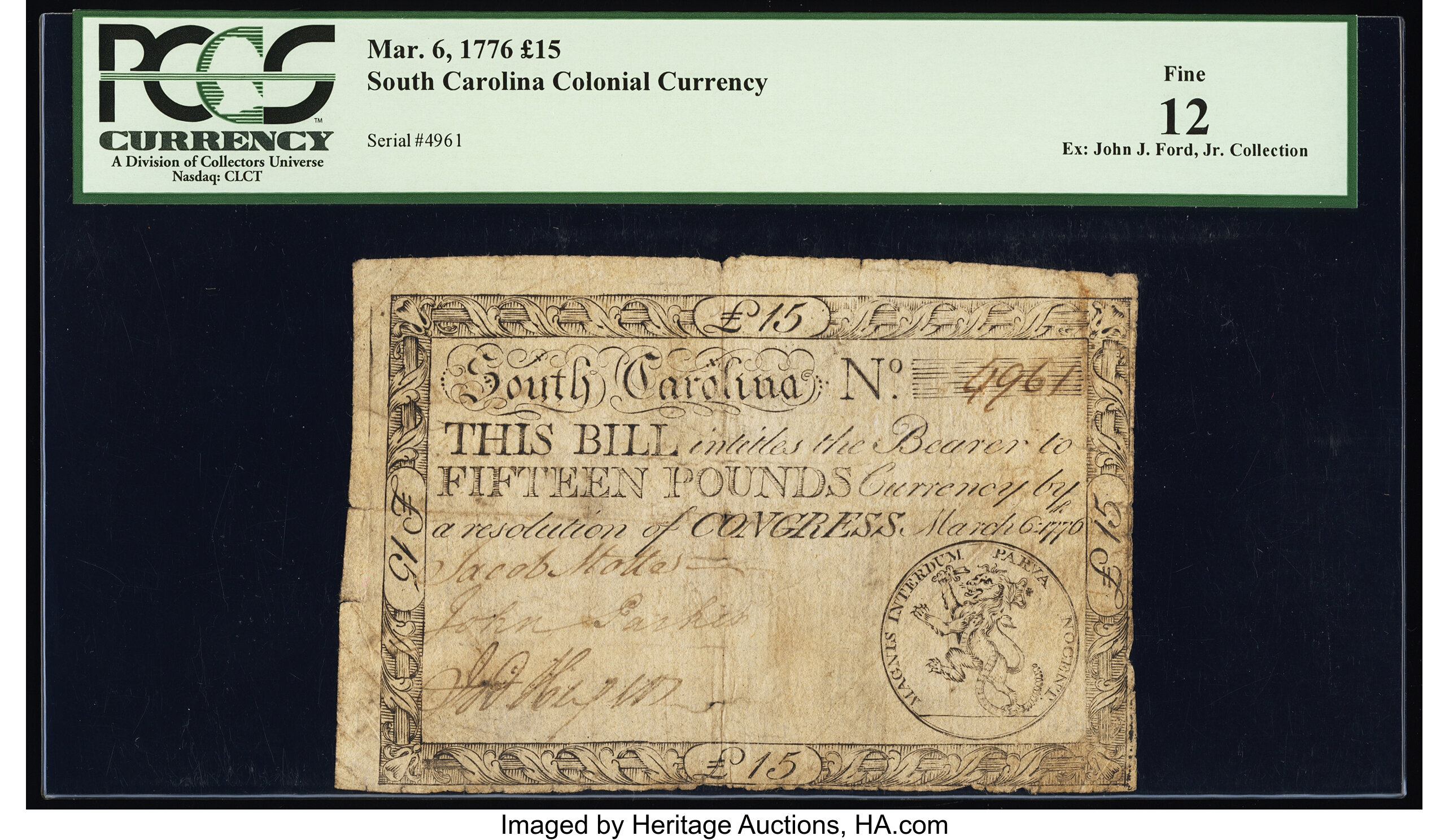 image for: South Carolina March 6, 1776 £15 PCGS Fine 12....