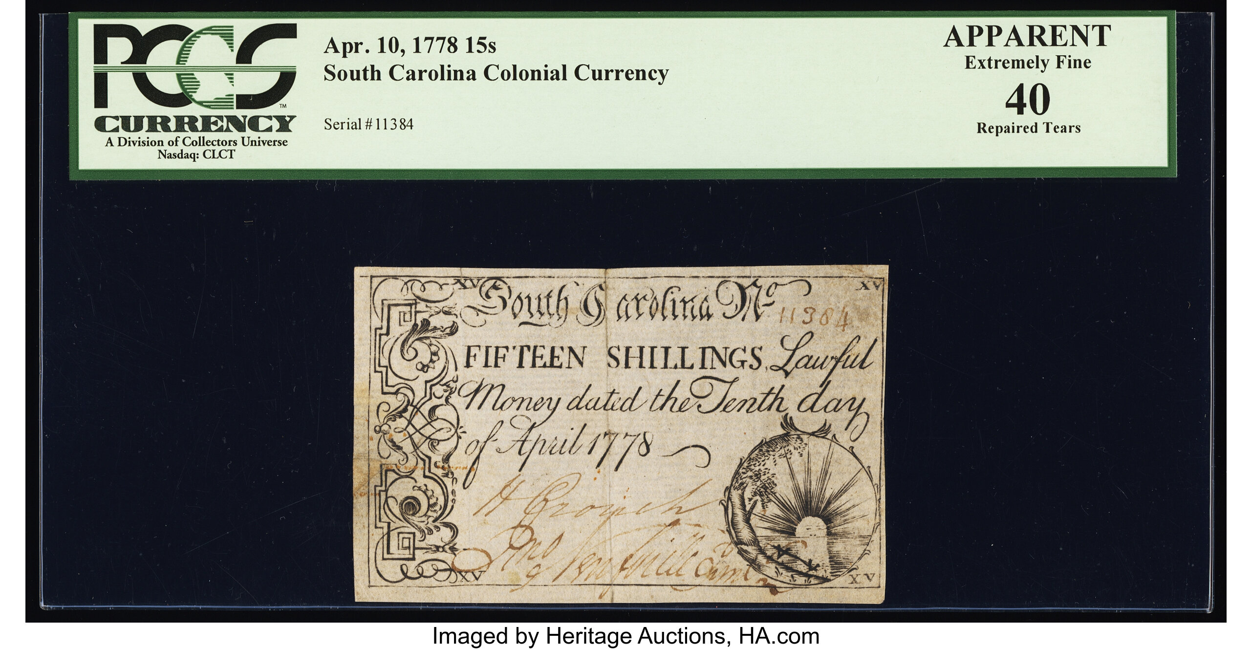 image for: South Carolina April 10, 1778 15s PCGS Apparent Extremely Fine 40....
