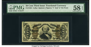 image for: Inverted Back Plate Number 32 Fr. 1332 50¢ Third Issue Spinner PMG Choice About Unc 58 EPQ....