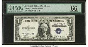 image for: Fr. 1611* $1 1935B Silver Certificate Star. PMG Gem Uncirculated 66 EPQ....