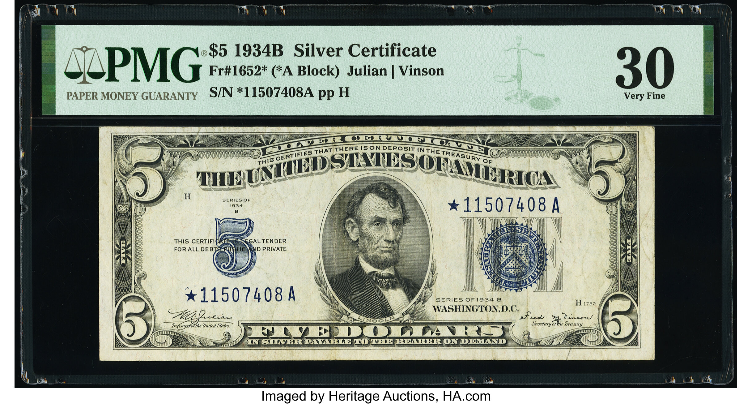 image for: Fr. 1652* $5 1934B Silver Certificate Star. PMG Very Fine 30....