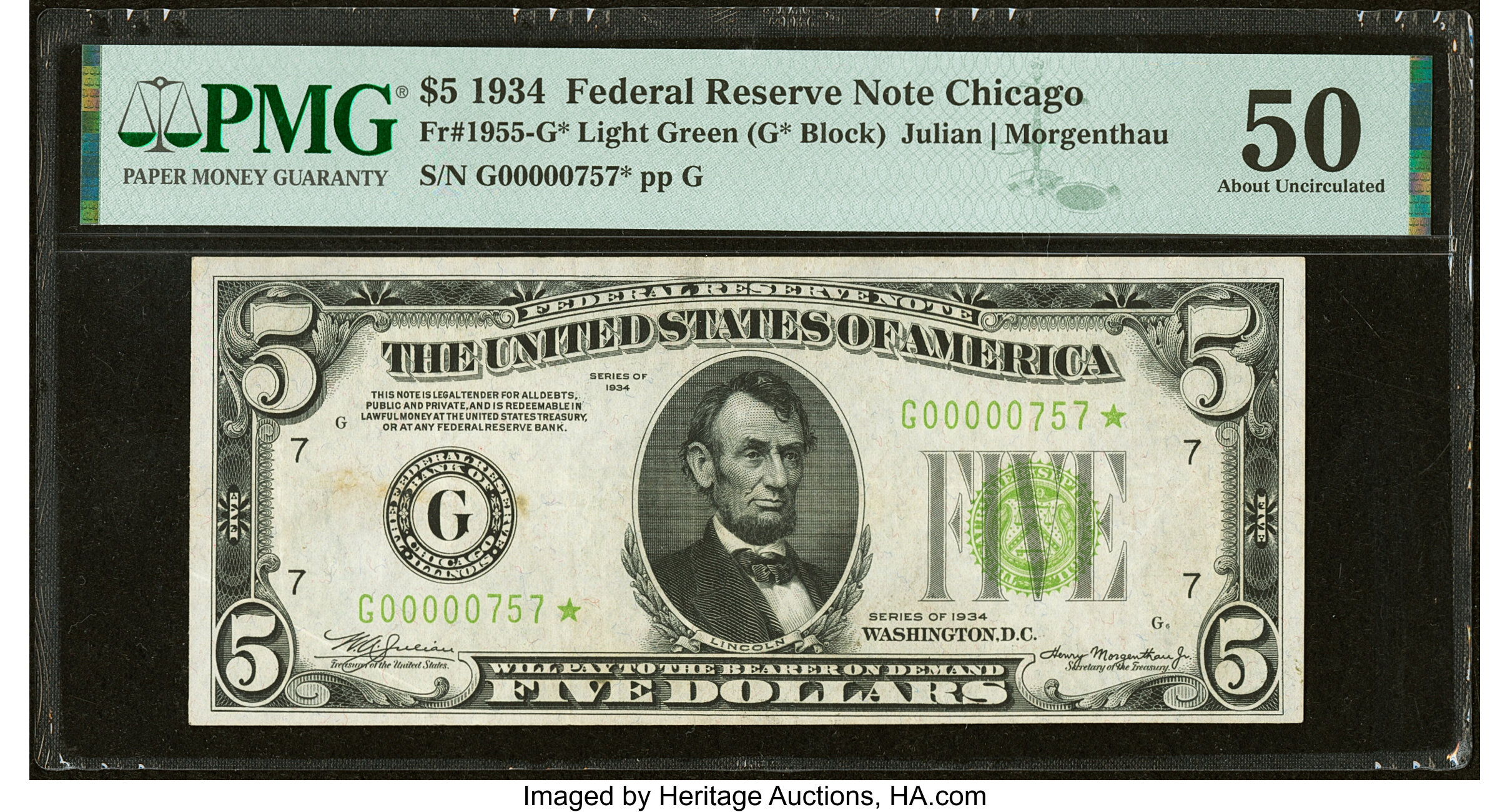 image for: Low Serial Number 757 Fr. 1955-G* $5 1934 Federal Reserve Star Note. PMG About Uncirculated 50....