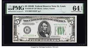 image for: Fr. 1958-H* $5 1934B Federal Reserve Star Note. PMG Choice Uncirculated 64 EPQ....