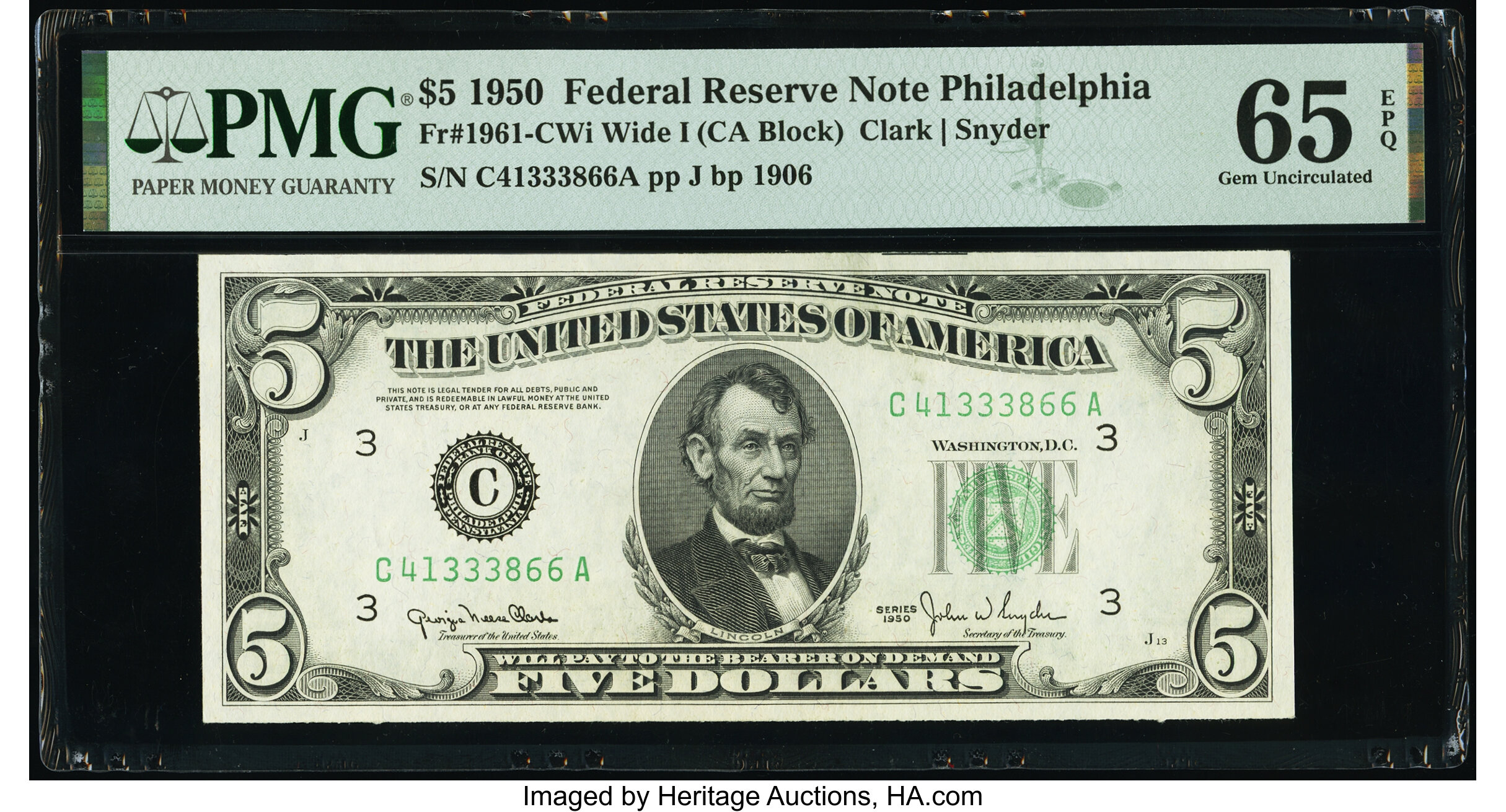 image for: Fr. 1961-C $5 1950 Wide I Federal Reserve Note. PMG Gem Uncirculated 65 EPQ....
