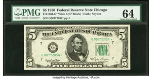 image for: Fr. 1961-G* $5 1950 Federal Reserve Note. PMG Choice Uncirculated 64 EPQ....