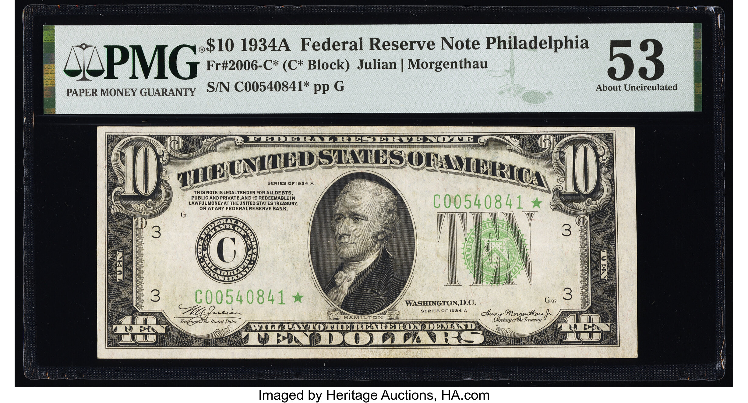 image for: Fr. 2006-C* $10 1934A Federal Reserve Star Note. PMG About Uncirculated 53....