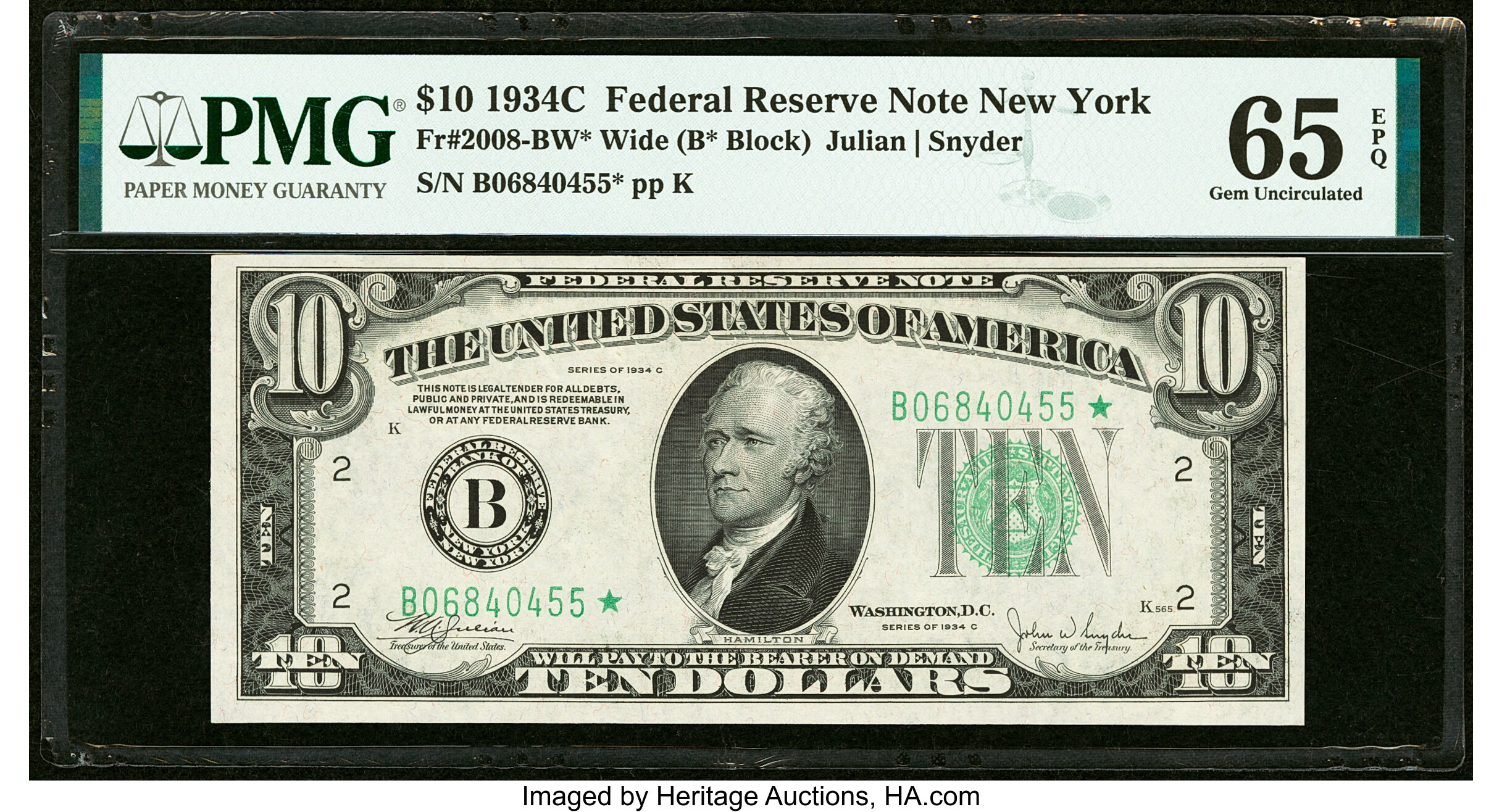 image for: Fr. 2008-B* $10 1934C Federal Reserve Note. PMG Gem Uncirculated 65 EPQ....