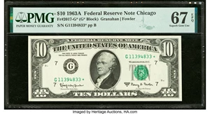 image for: Fr. 2017-G* $10 1963A Federal Reserve Star Note. PMG Superb Gem Unc 67 EPQ....