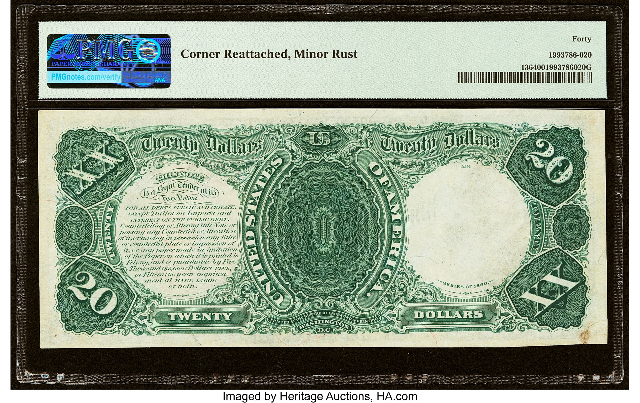 image for: Fr. 136 $20 1880 Legal Tender PMG Extremely Fine 40....