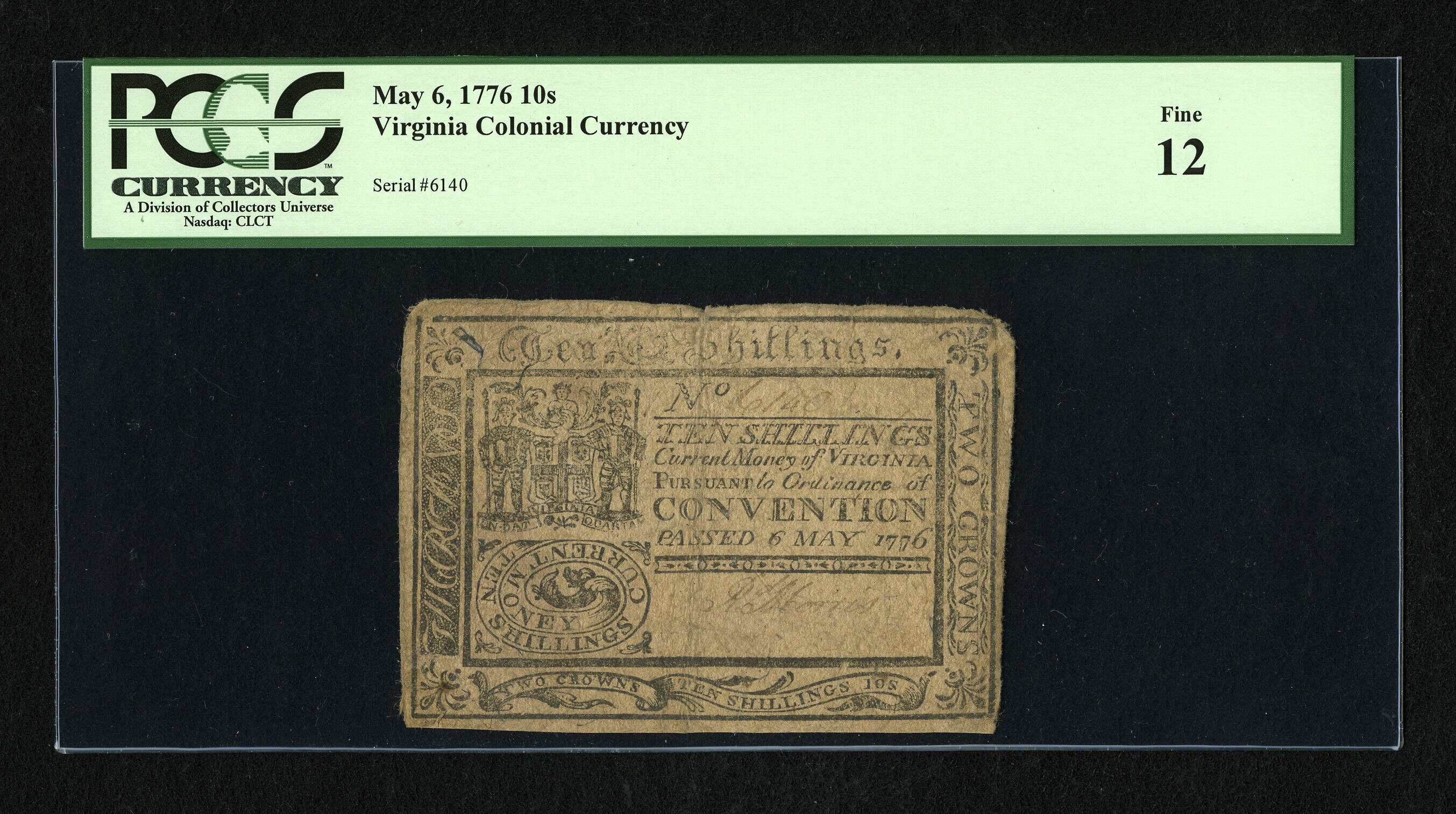 image for: Virginia May 6, 1776 10s PCGS Fine 12....
