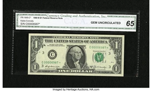 image for: Fr. 1905-C* $1 1969B Federal Reserve Note. Four Digit Serial Number. CGA Gem Uncirculated 65....