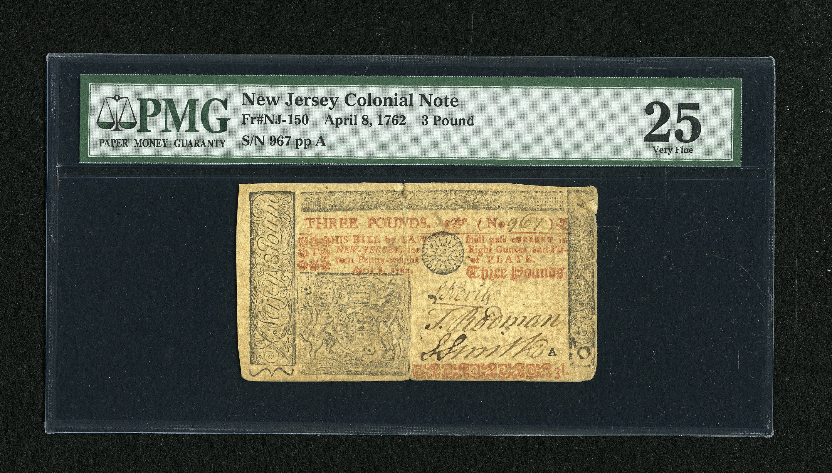 image for: New Jersey April 8, 1762 £3 PMG Very Fine 25.