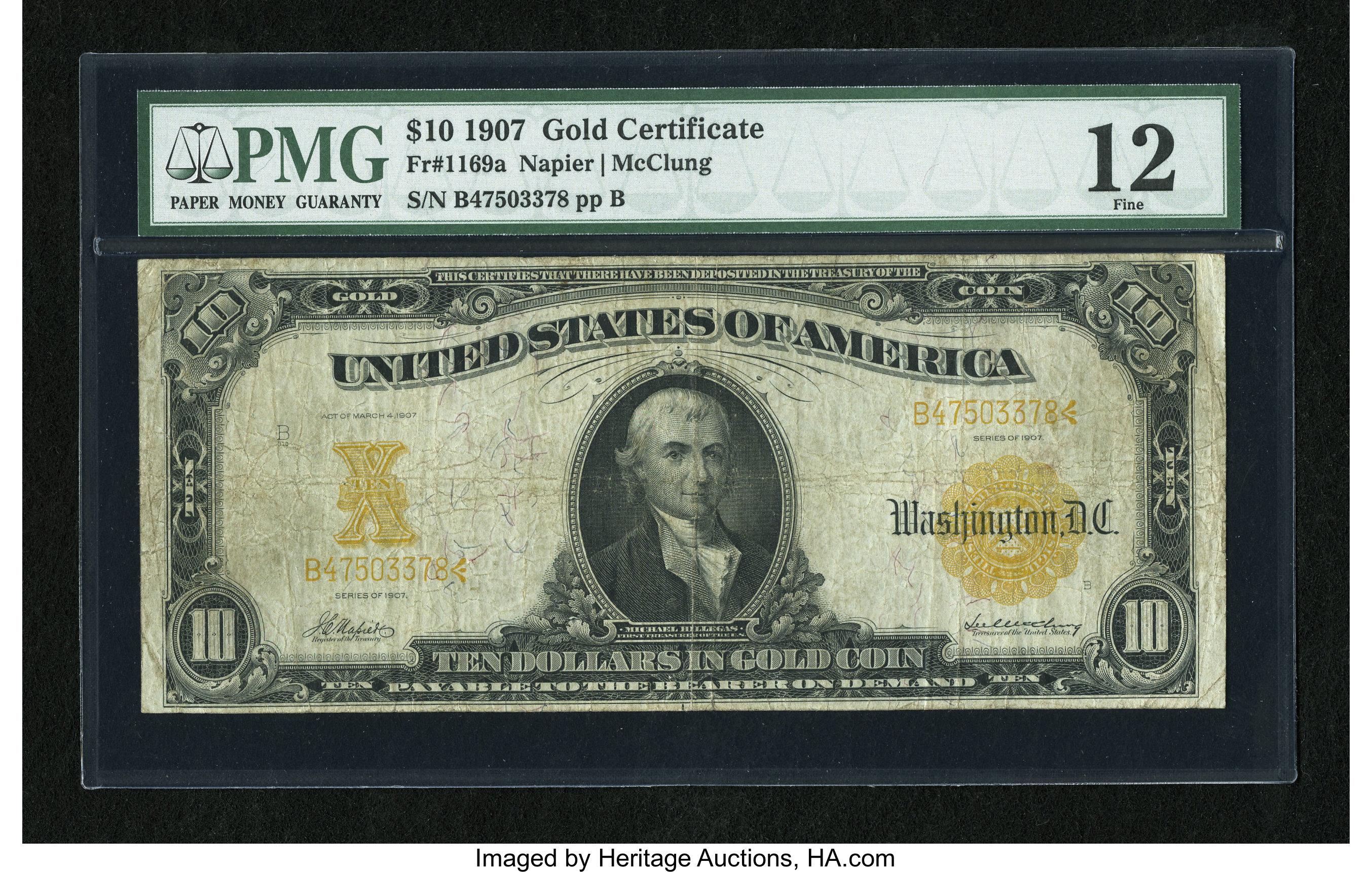 image for: Fr. 1169a $10 1907 Gold Certificate PMG Fine 12.