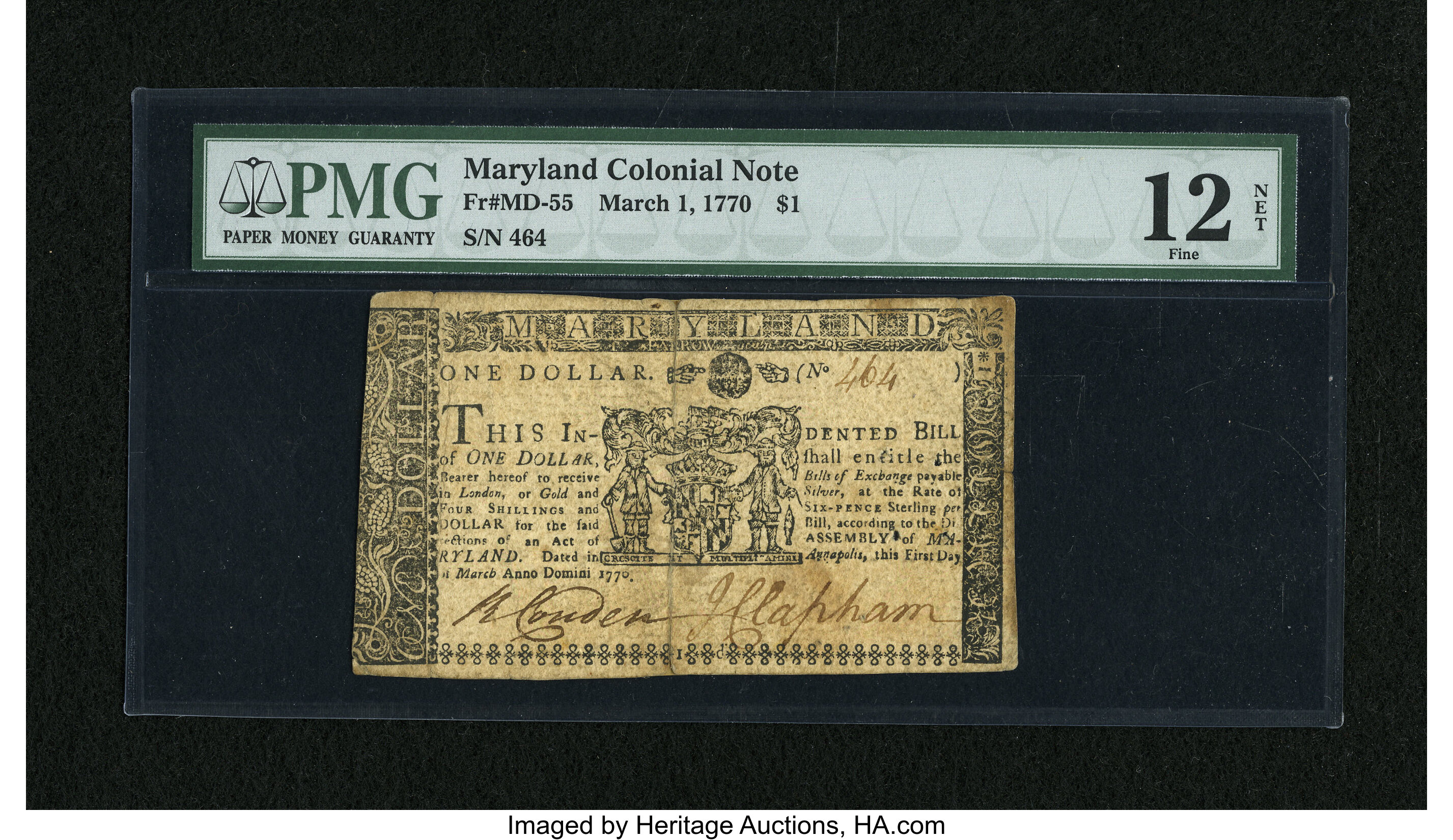 image for: Maryland March 1, 1770 $1 PMG Fine 12 Net....