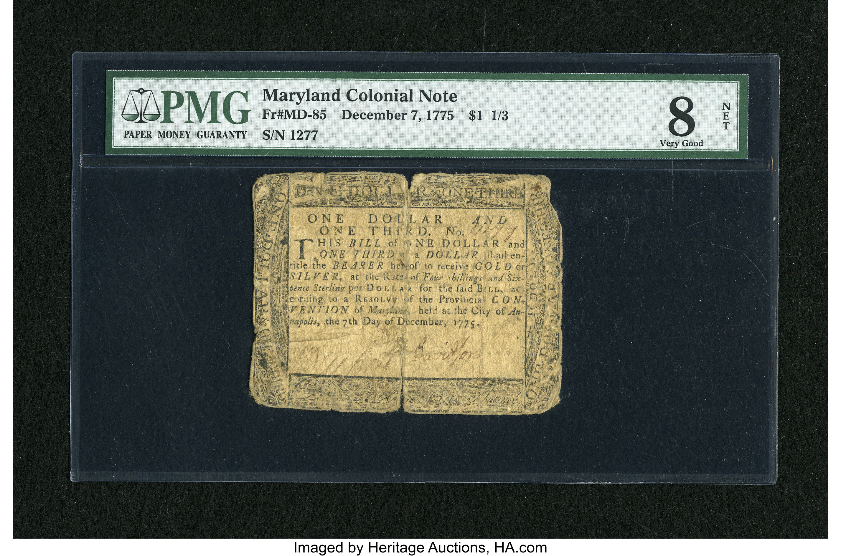 image for: Maryland December 7, 1775 $1  1/3 PMG Very Good 8 Net.