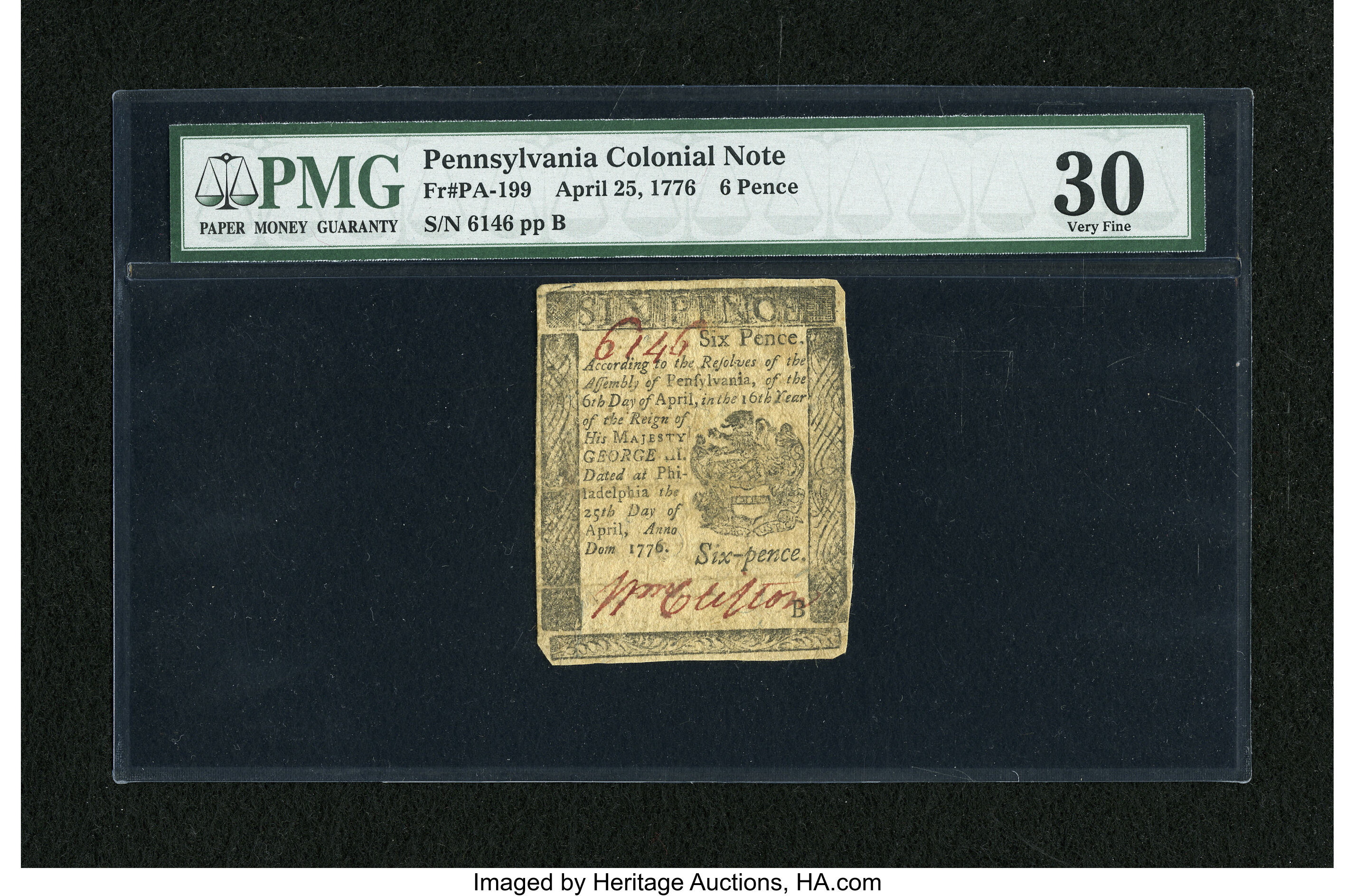 image for: Pennsylvania April 25, 1776 6d PMG Very Fine 30....