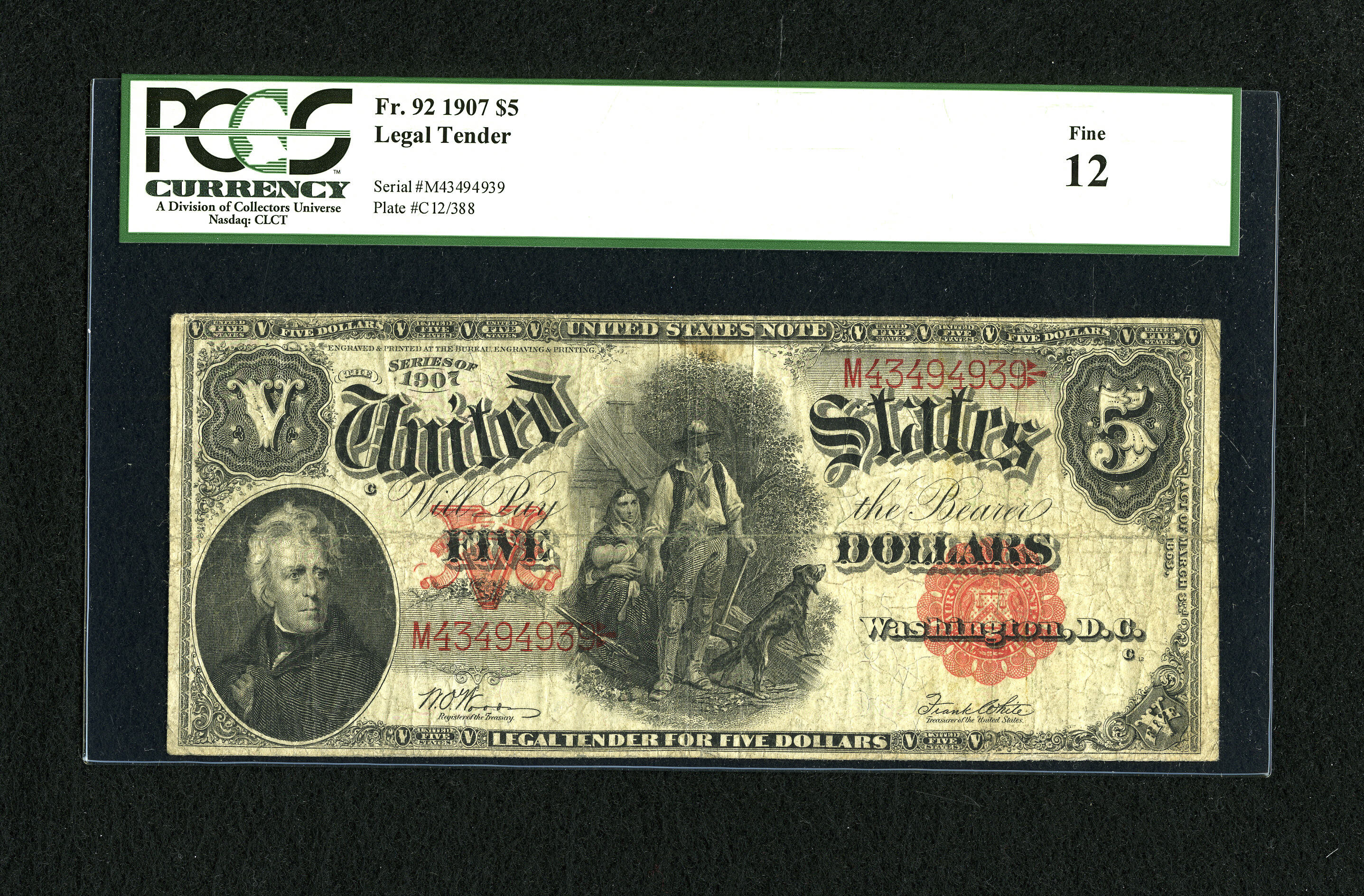 image for: Fr. 92 $5 1907 Legal Tender PCGS Fine 12....