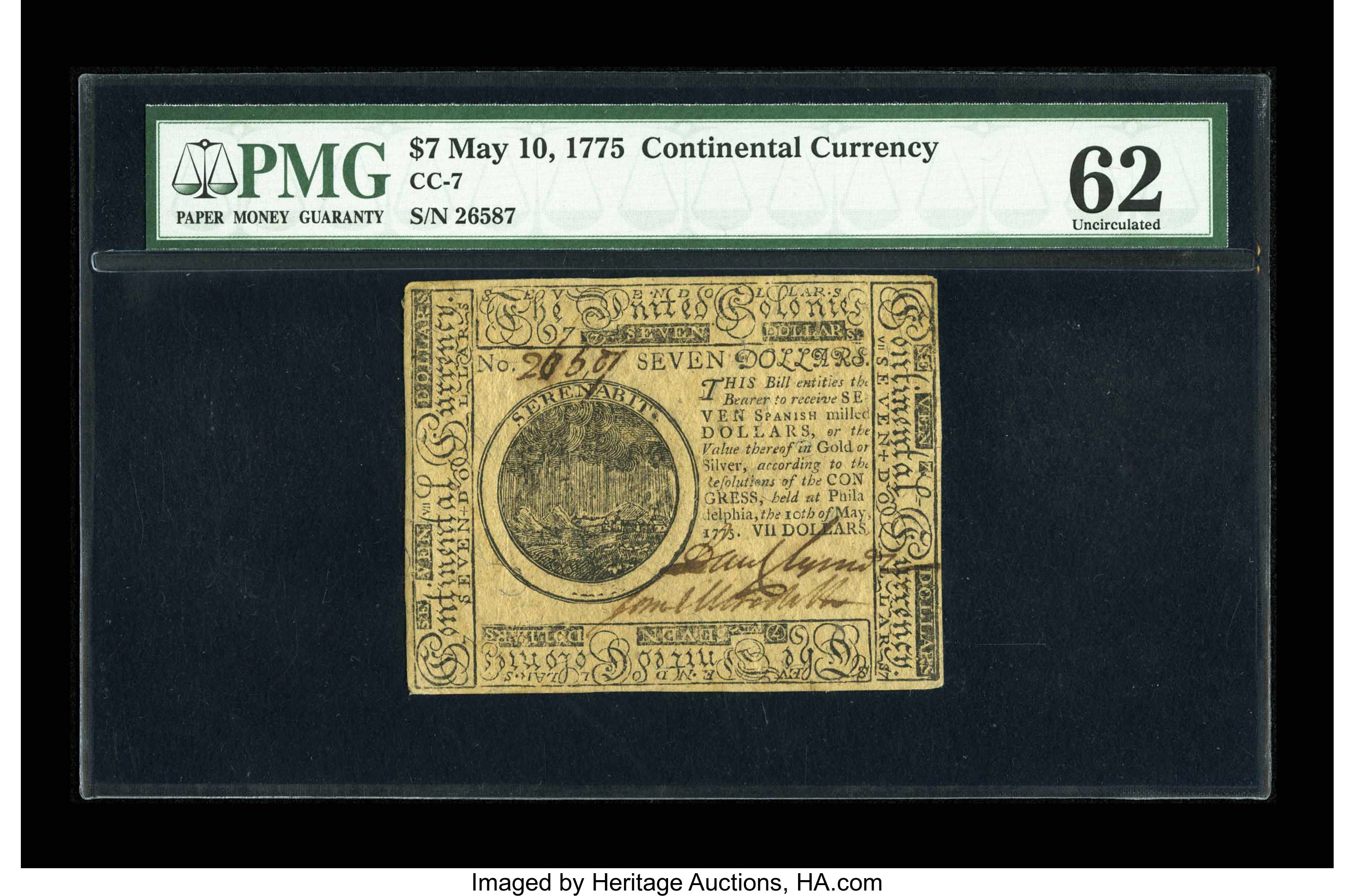 image for: Continental Currency May 10, 1775 $7 PMG Uncirculated 62....