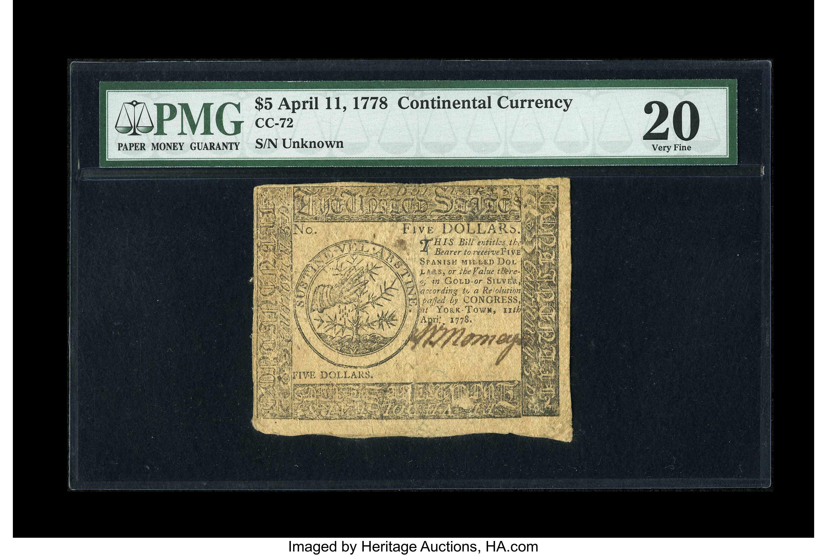 image for: Continental Currency April 11, 1778 $5 PMG Very Fine 20....