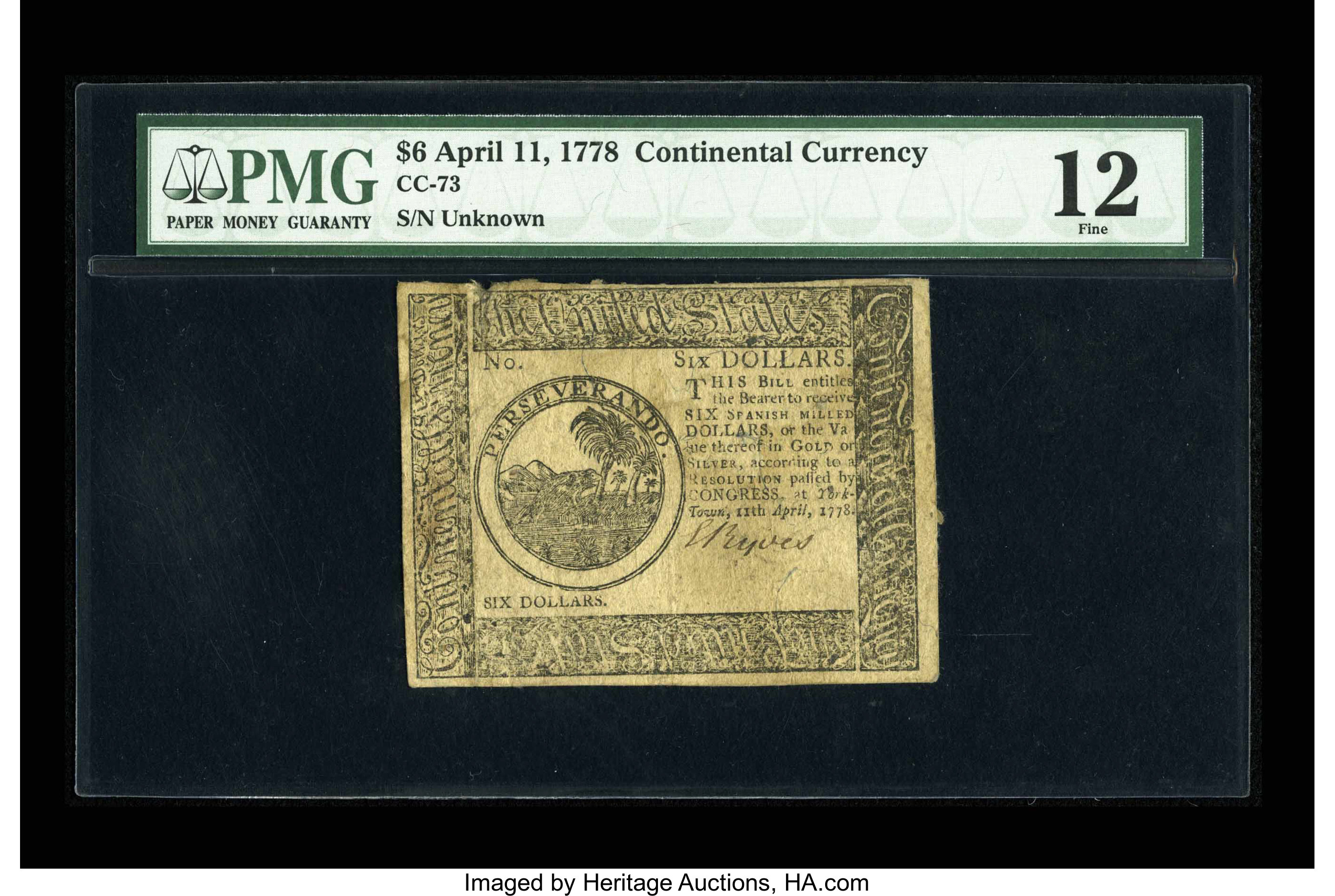 image for: Continental Currency April 11, 1778 $6 PMG Fine 12....