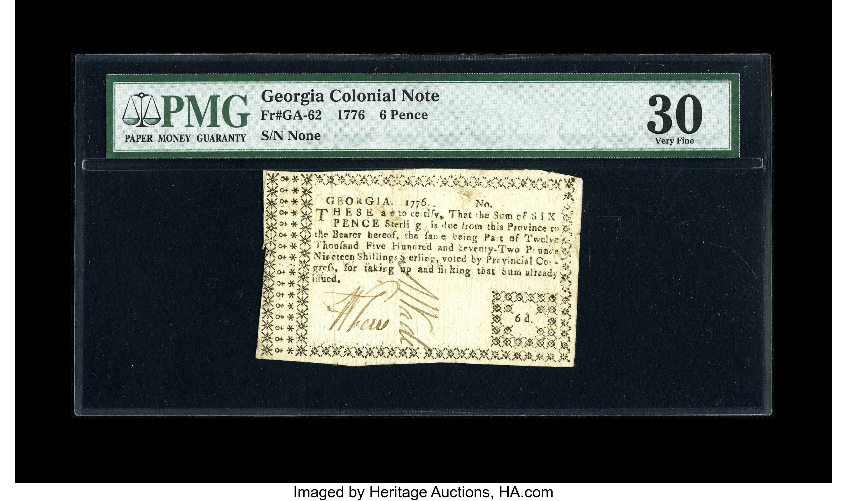 image for: Georgia 1776 6d PMG Very Fine 30....