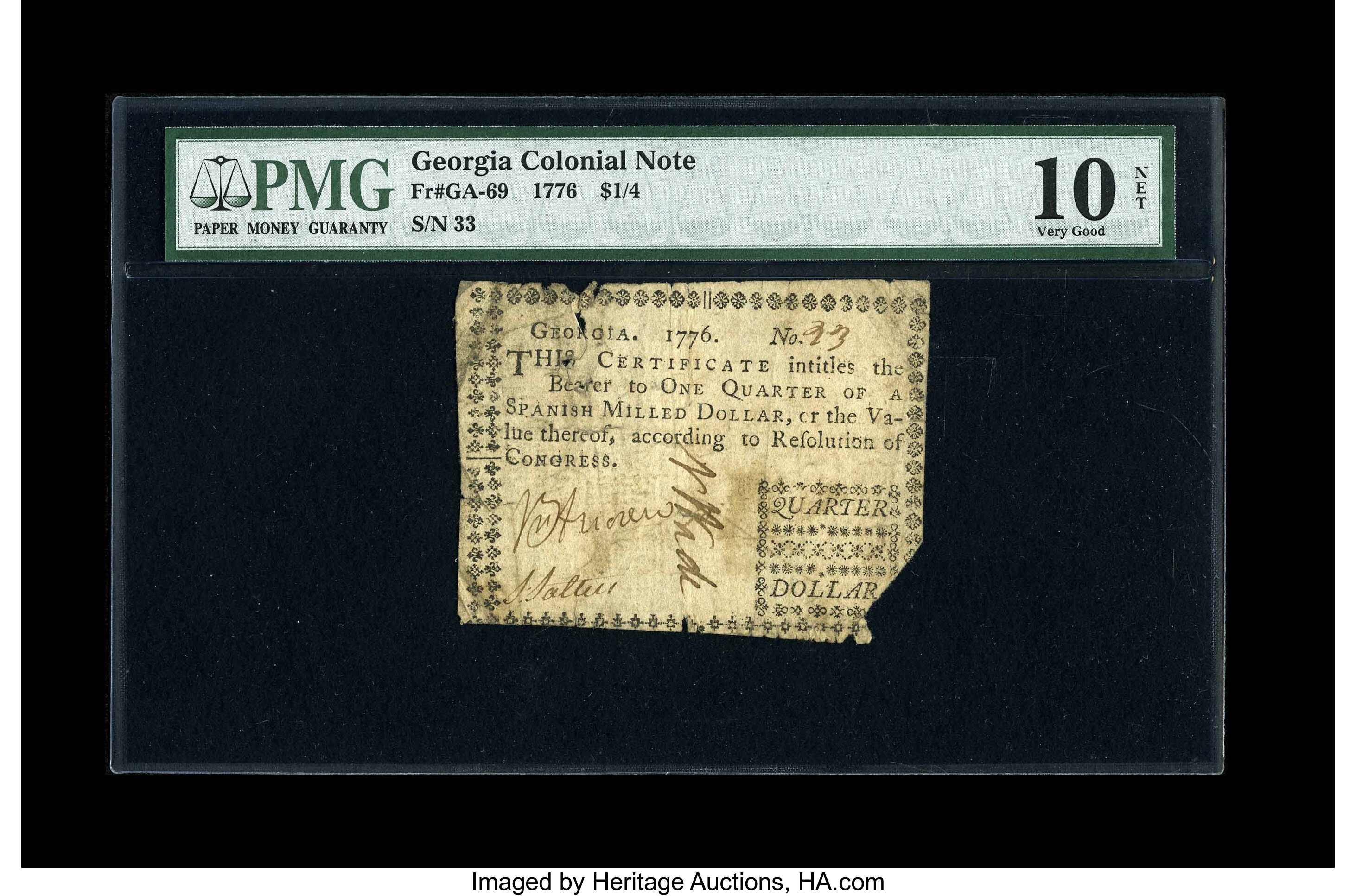 image for: Georgia 1776 $1/4 PMG Very Good 10 Net....