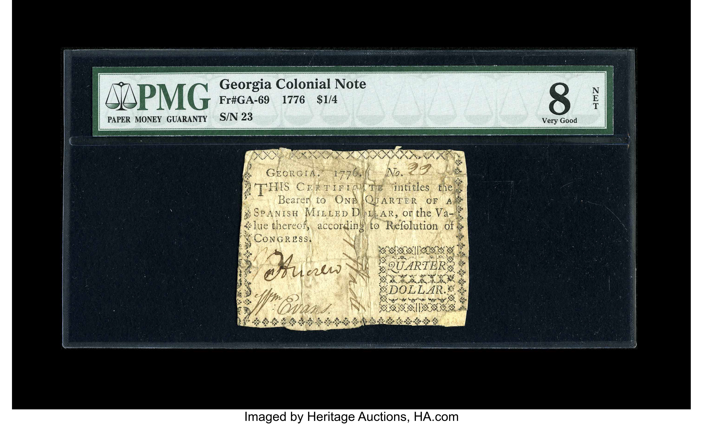 image for: Georgia 1776 $1/4 PMG Very Good 8 Net....