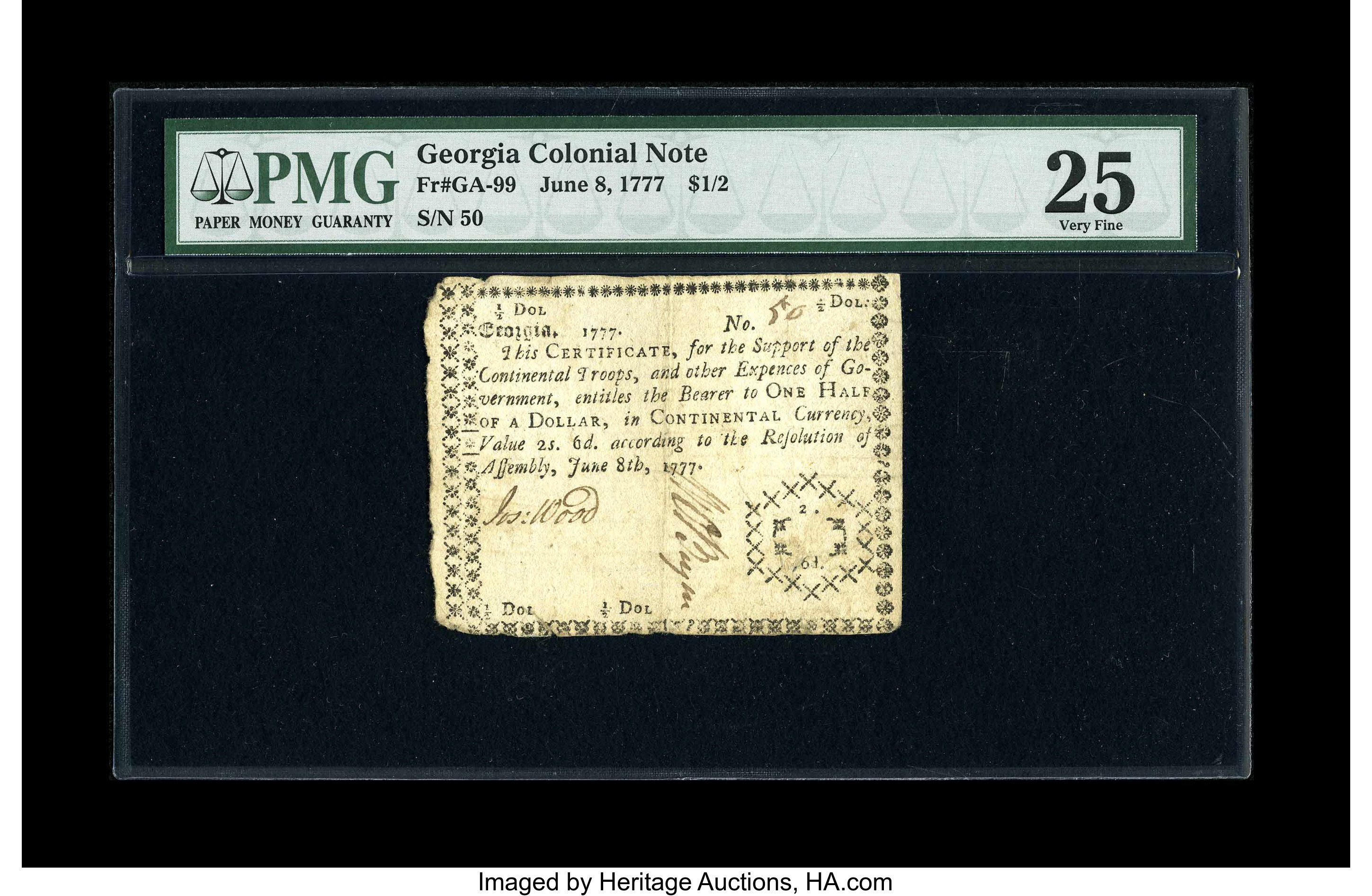 image for: Georgia June 8, 1777 $1/2 PMG Very Fine 25....