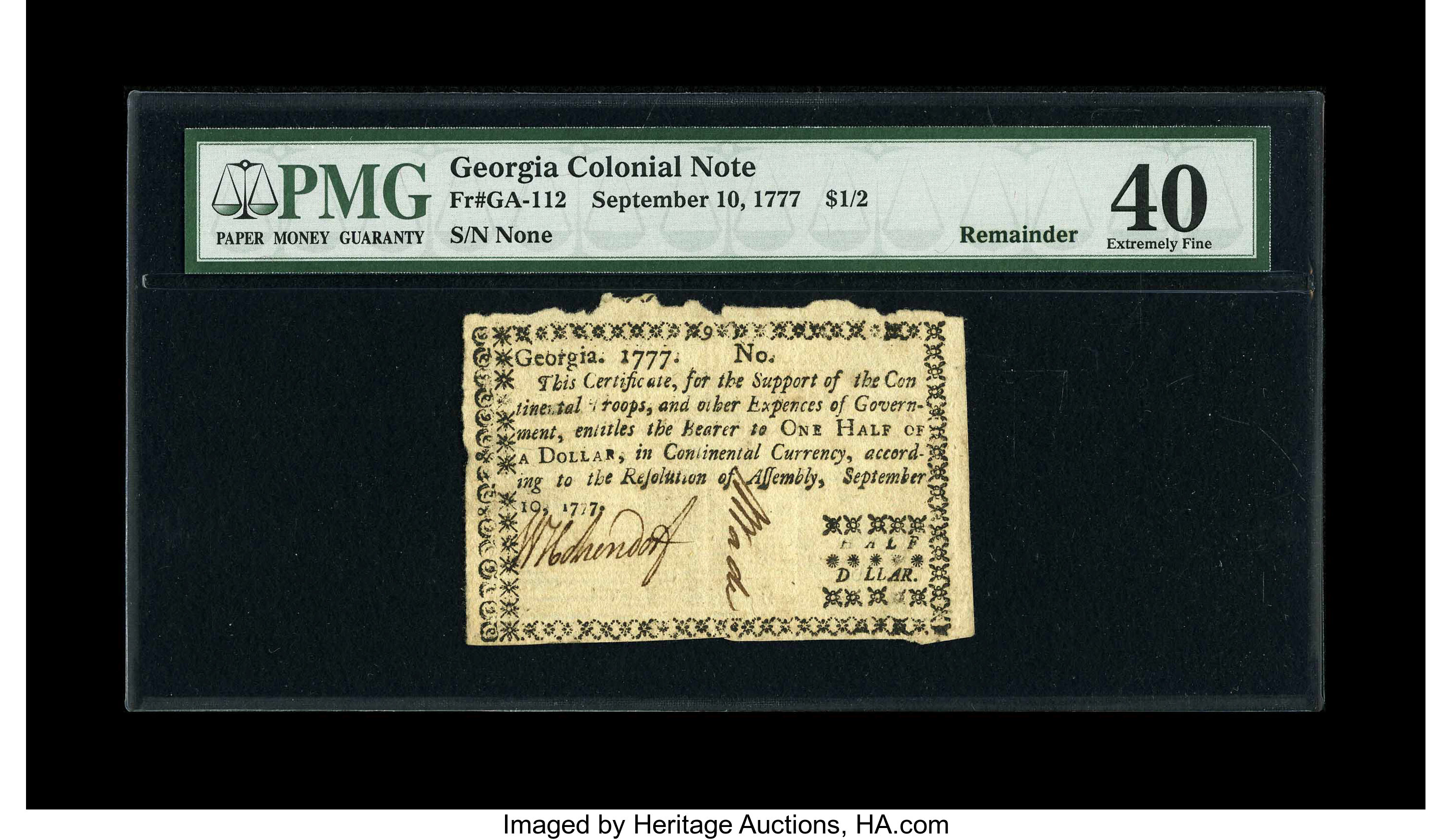 image for: Georgia September 10, 1777 $1/2 PMG Extremely Fine 40 Remainder....
