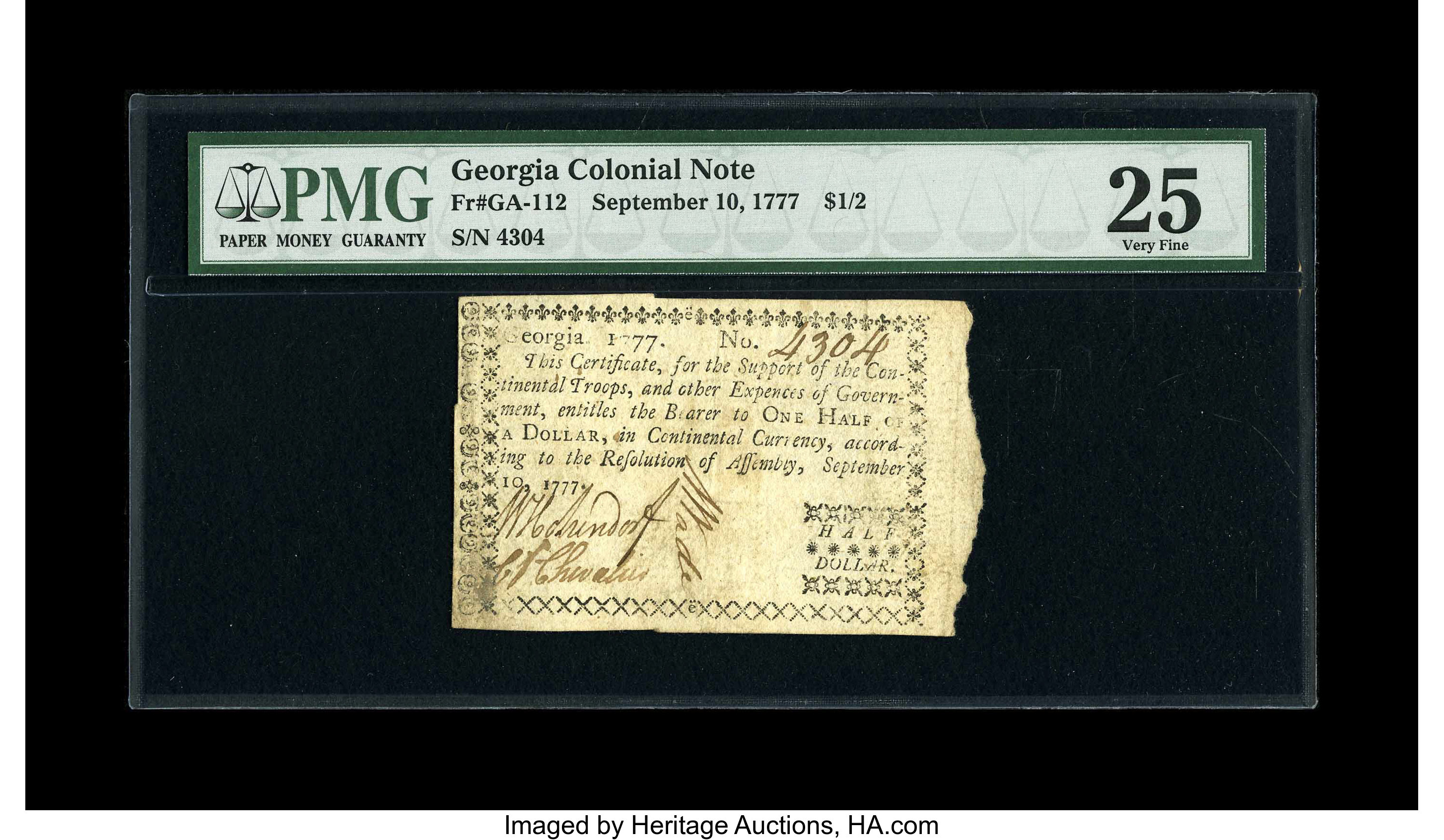 image for: Georgia September 10, 1777 $1/2 PMG Very Fine 25....