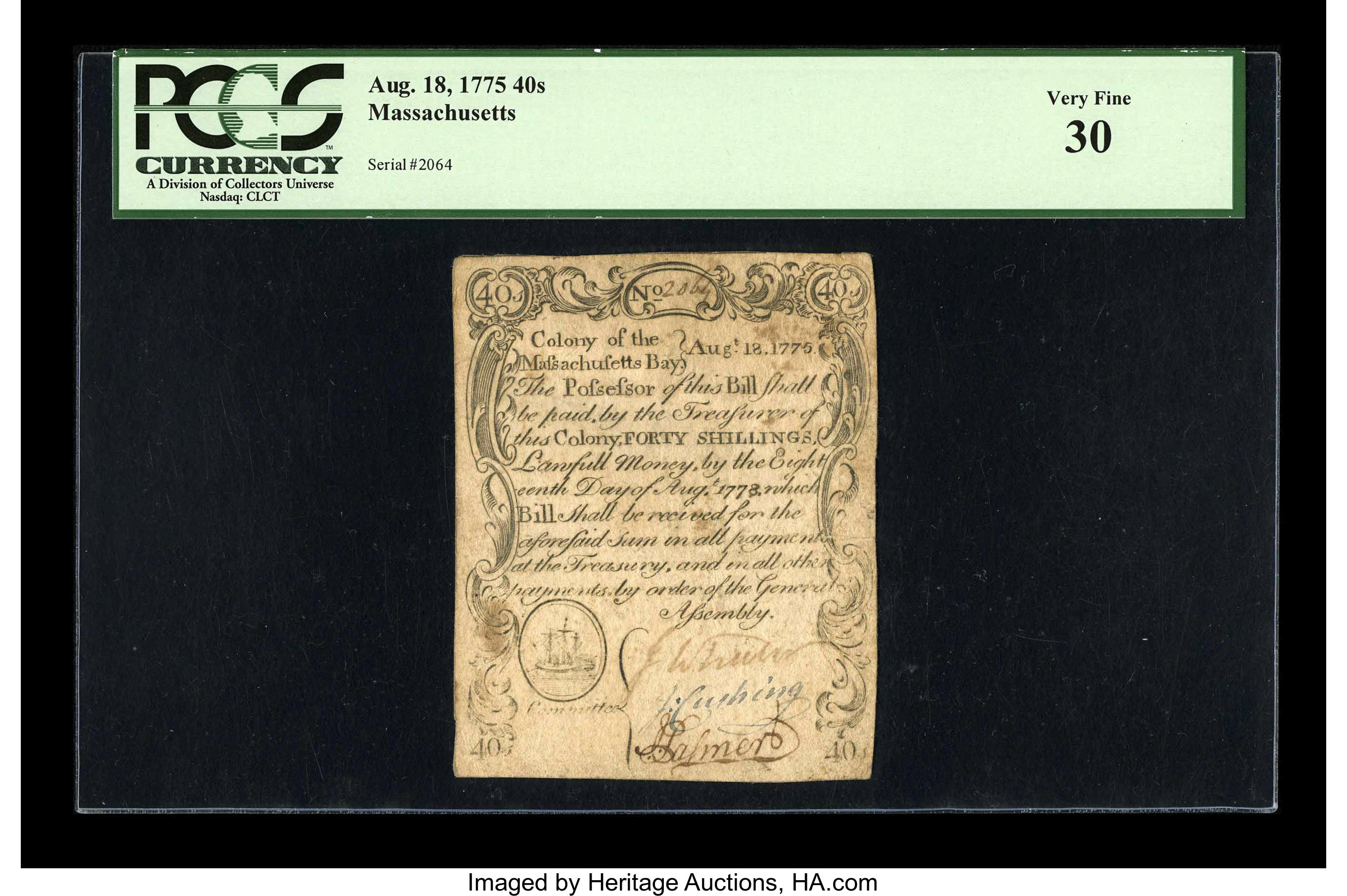 image for: Massachusetts August 18, 1775 40s PCGS Very Fine 30....