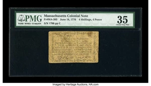 image for: Massachusetts June 18, 1776 4s/4d PMG Choice Very Fine 35....