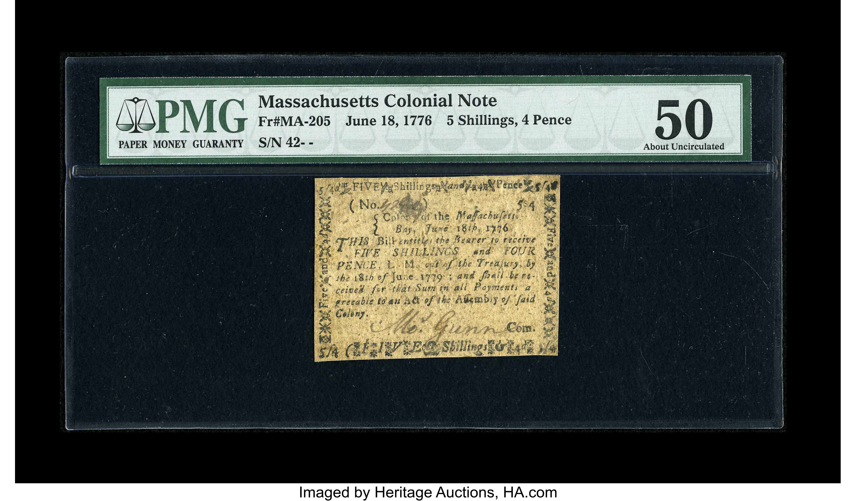 image for: Massachusetts June 18, 1776 5s/4d PMG About Uncirculated 50....