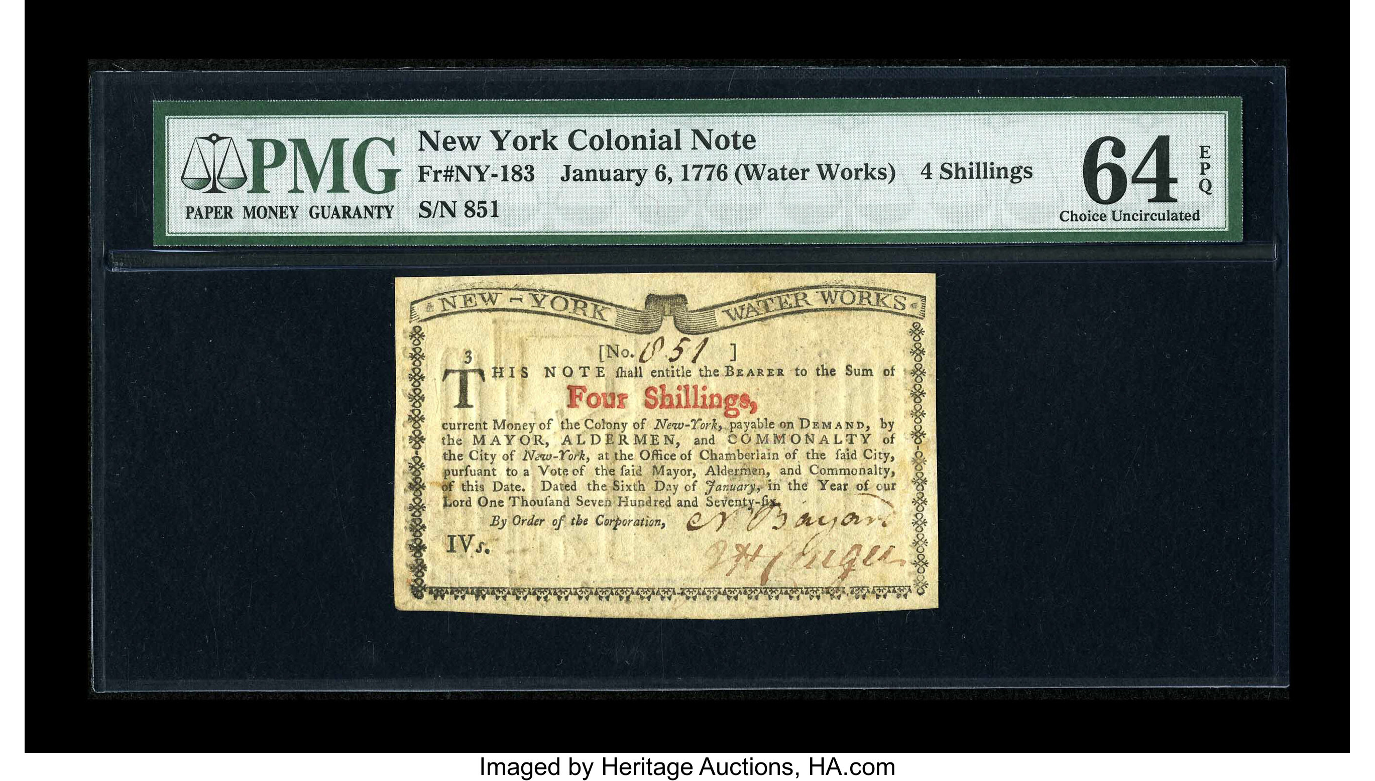 image for: New York January 6, 1776 (Water Works) 4s PMG Choice Uncirculated 64 EPQ....