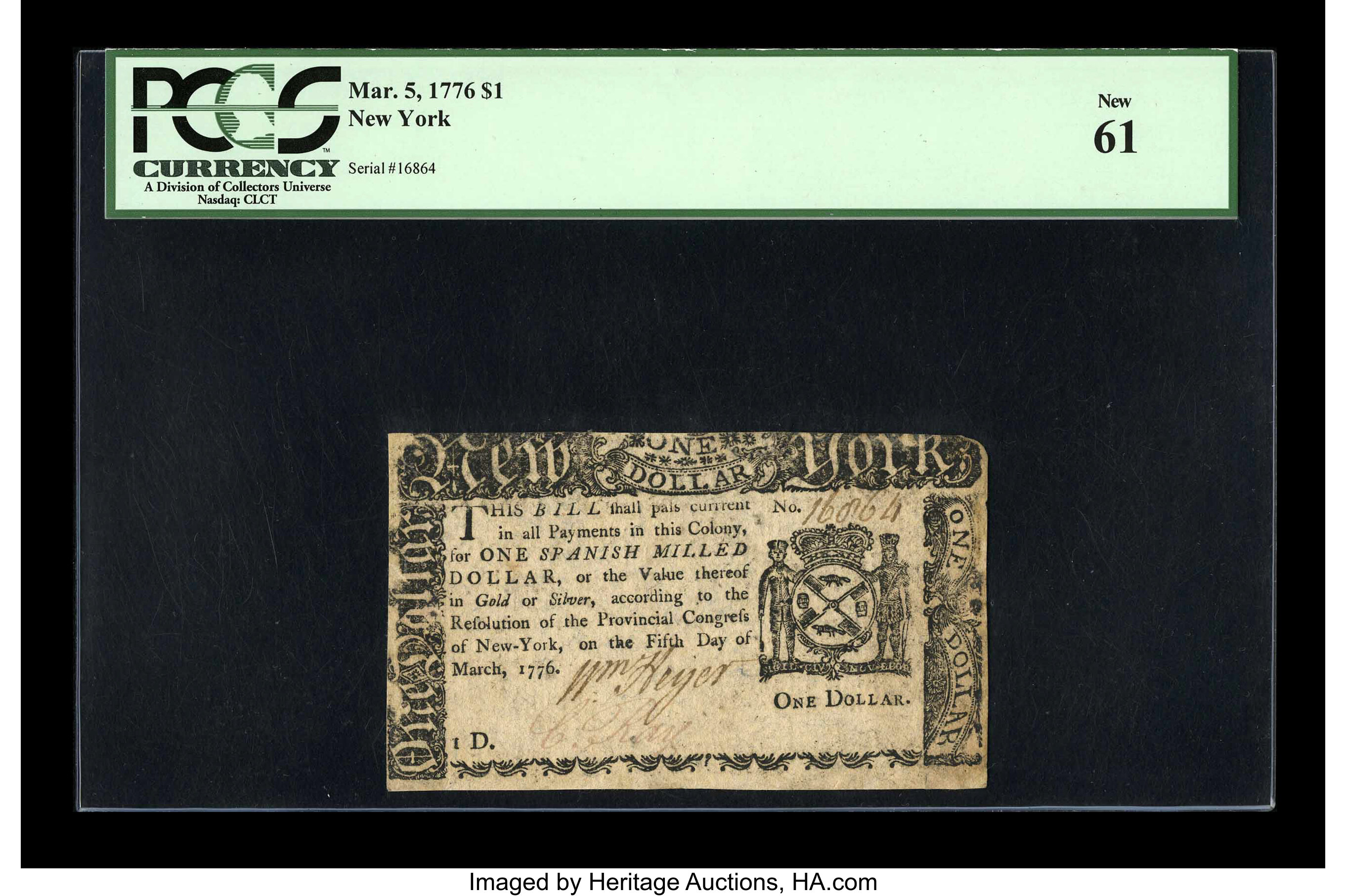 image for: New York March 5, 1776 $1 PCGS New 61....