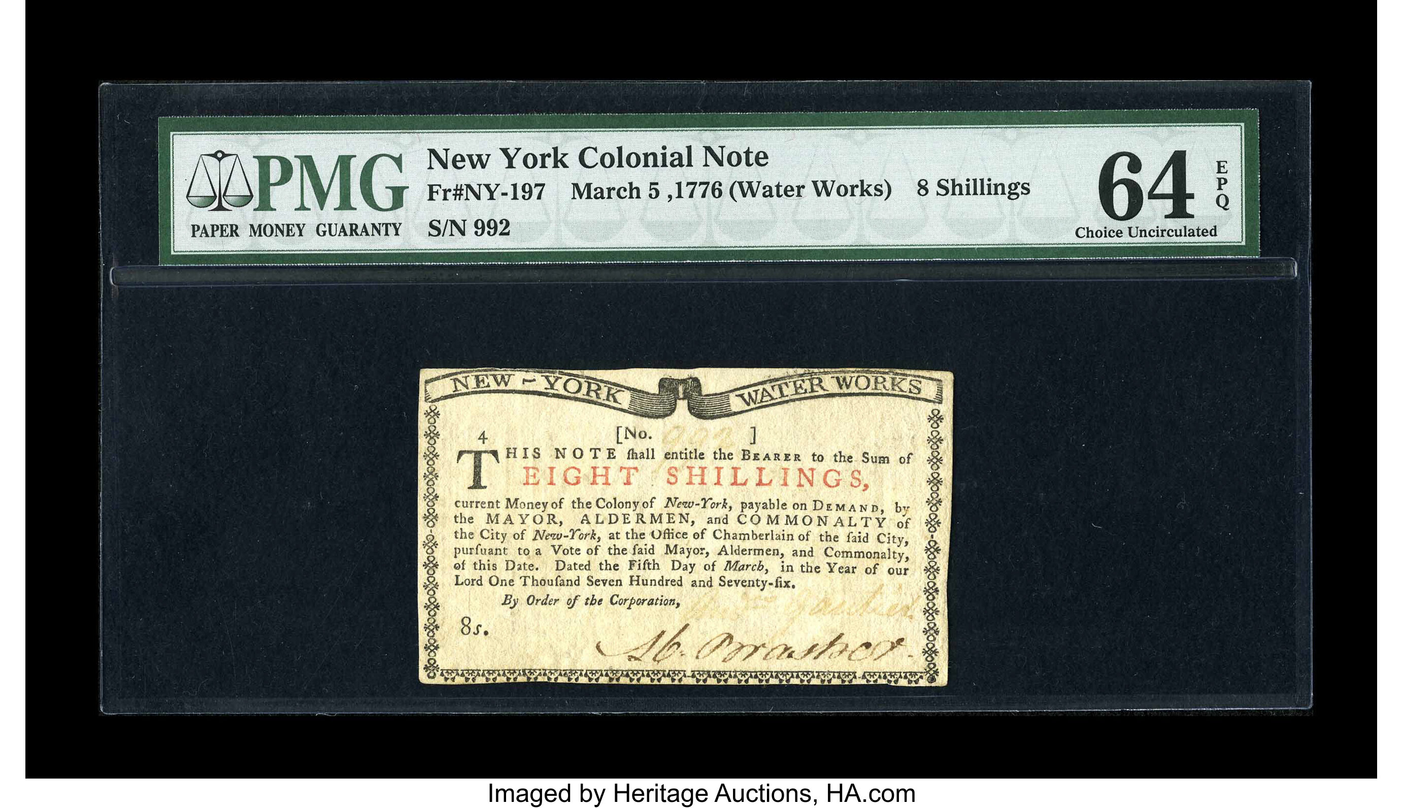 image for: New York March 5 ,1776 (Water Works) 8s PMG Choice Uncirculated 64 EPQ....