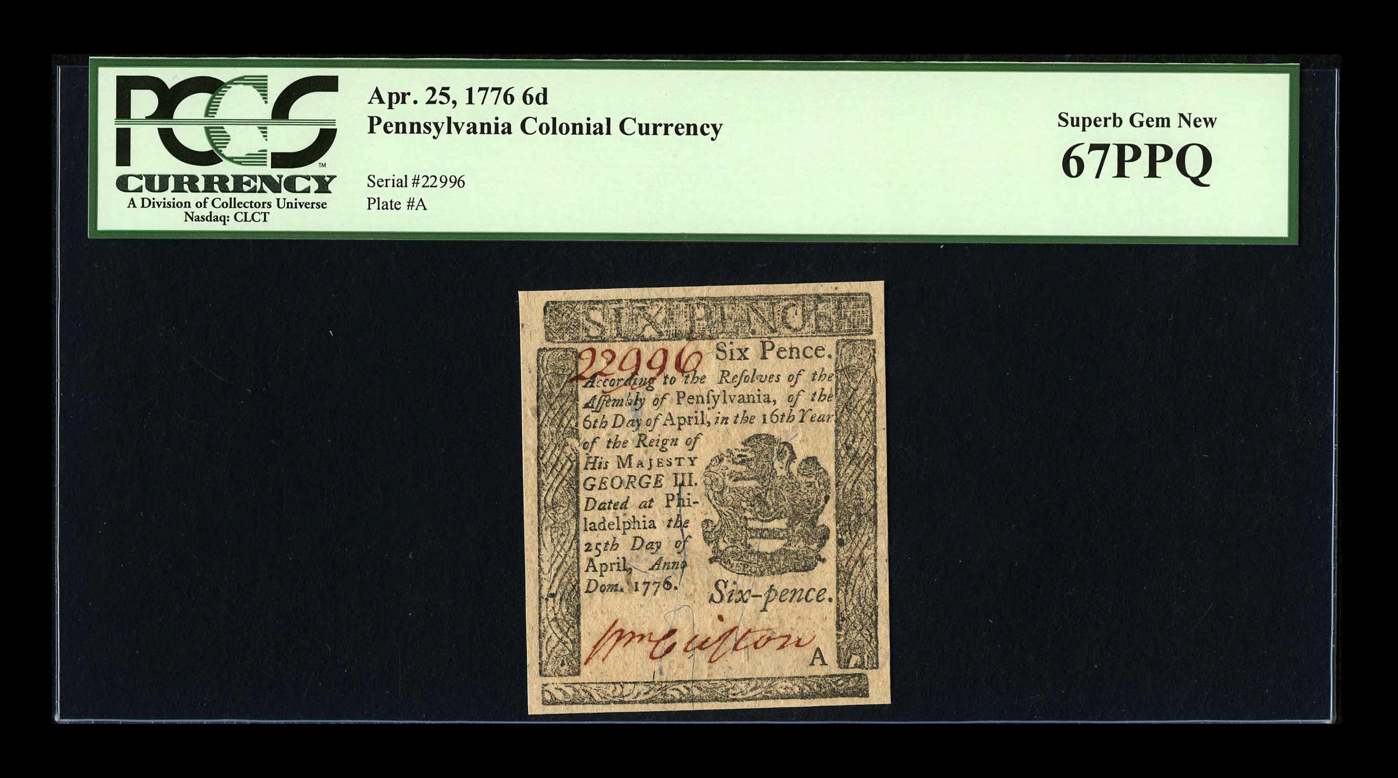 image for: Pennsylvania April 25, 1776 6d PCGS Superb Gem New 67PPQ....