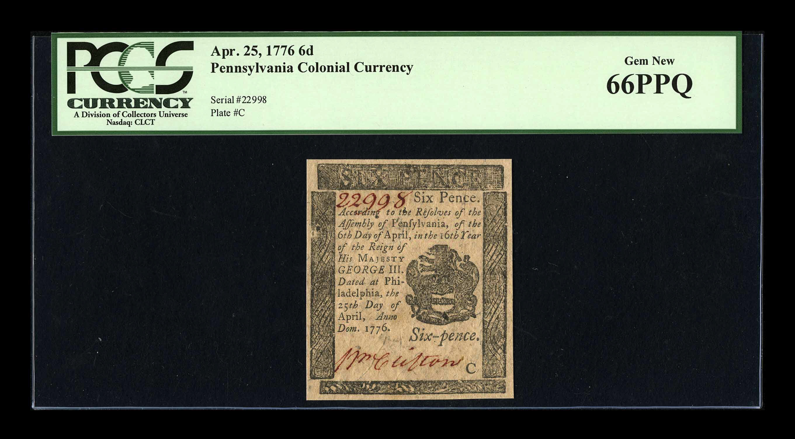 image for: Pennsylvania April 25, 1776 6d PCGS Gem New 66PPQ....