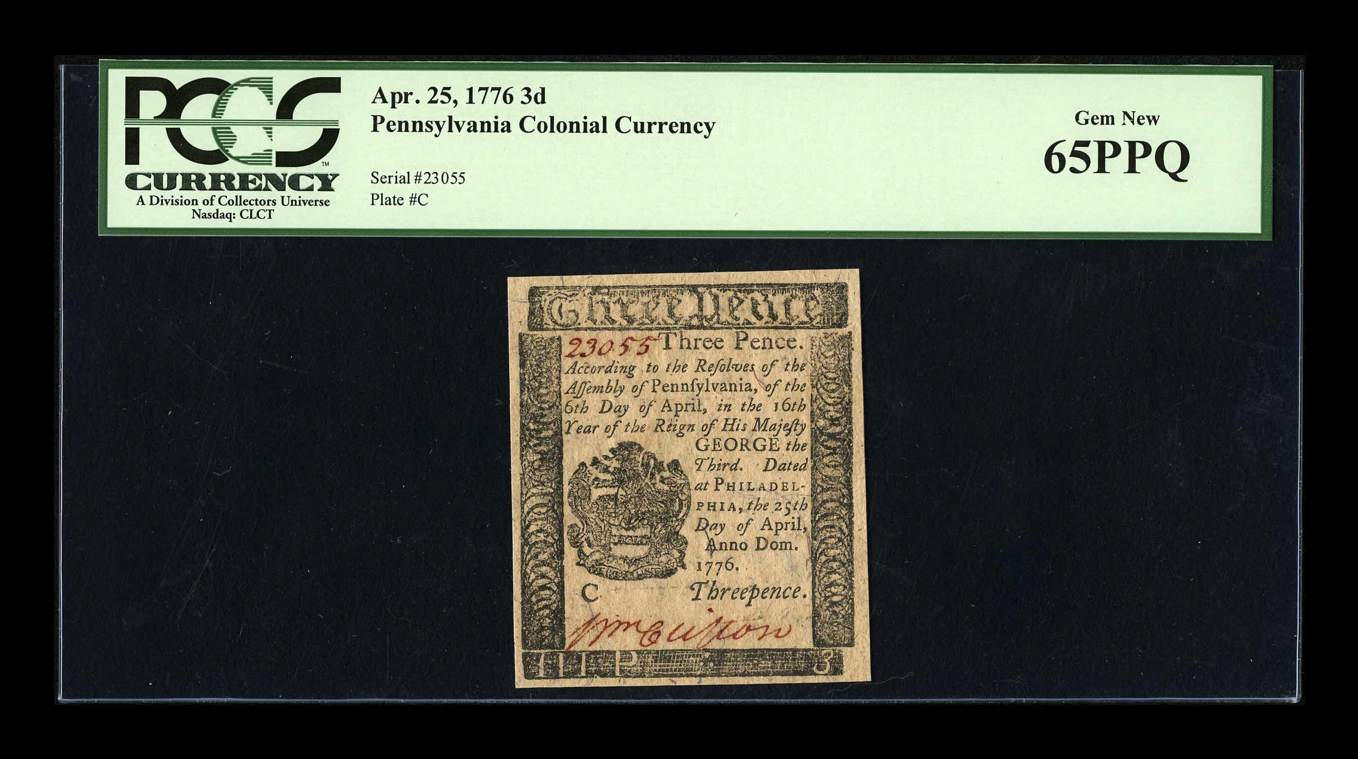image for: Pennsylvania April 25, 1776 3d PCGS Gem New 65PPQ....