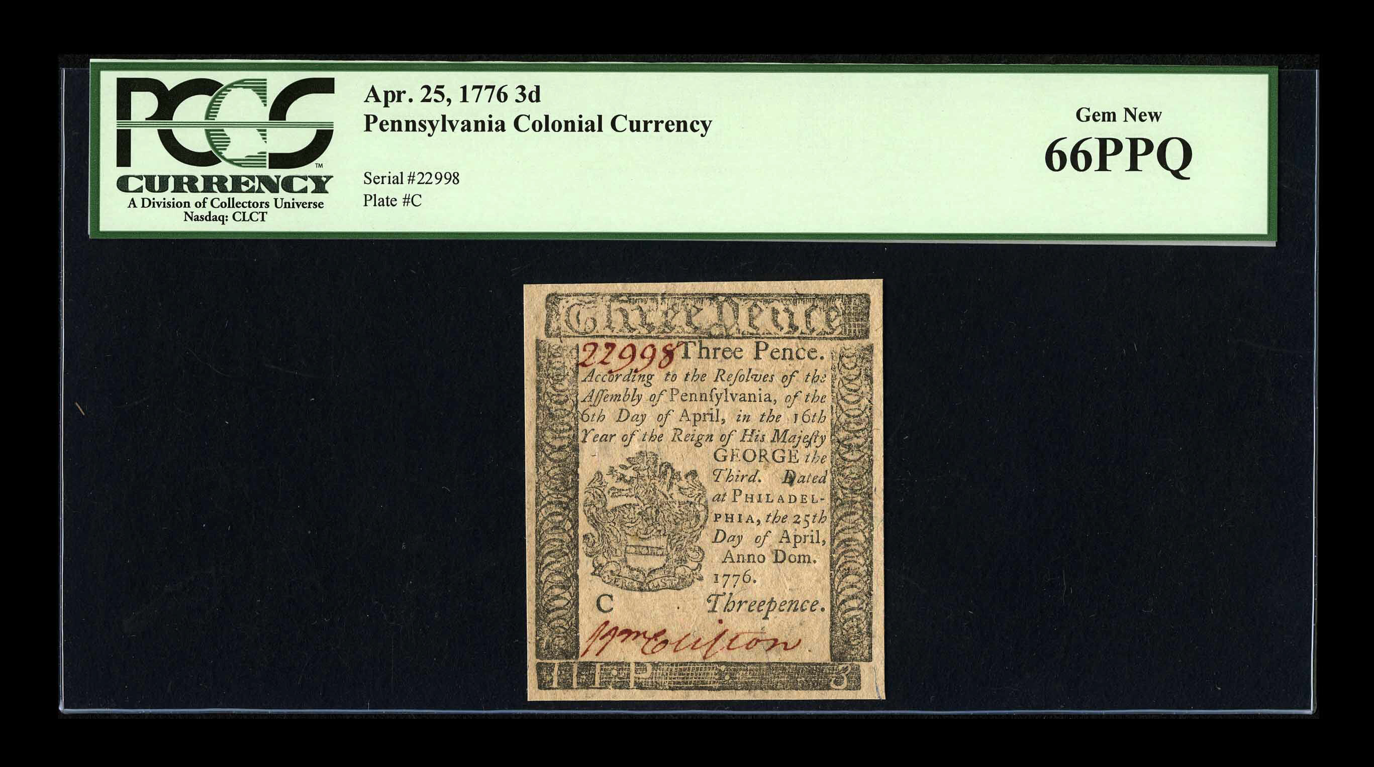 image for: Pennsylvania April 25, 1776 3d PCGS Gem New 66PPQ....