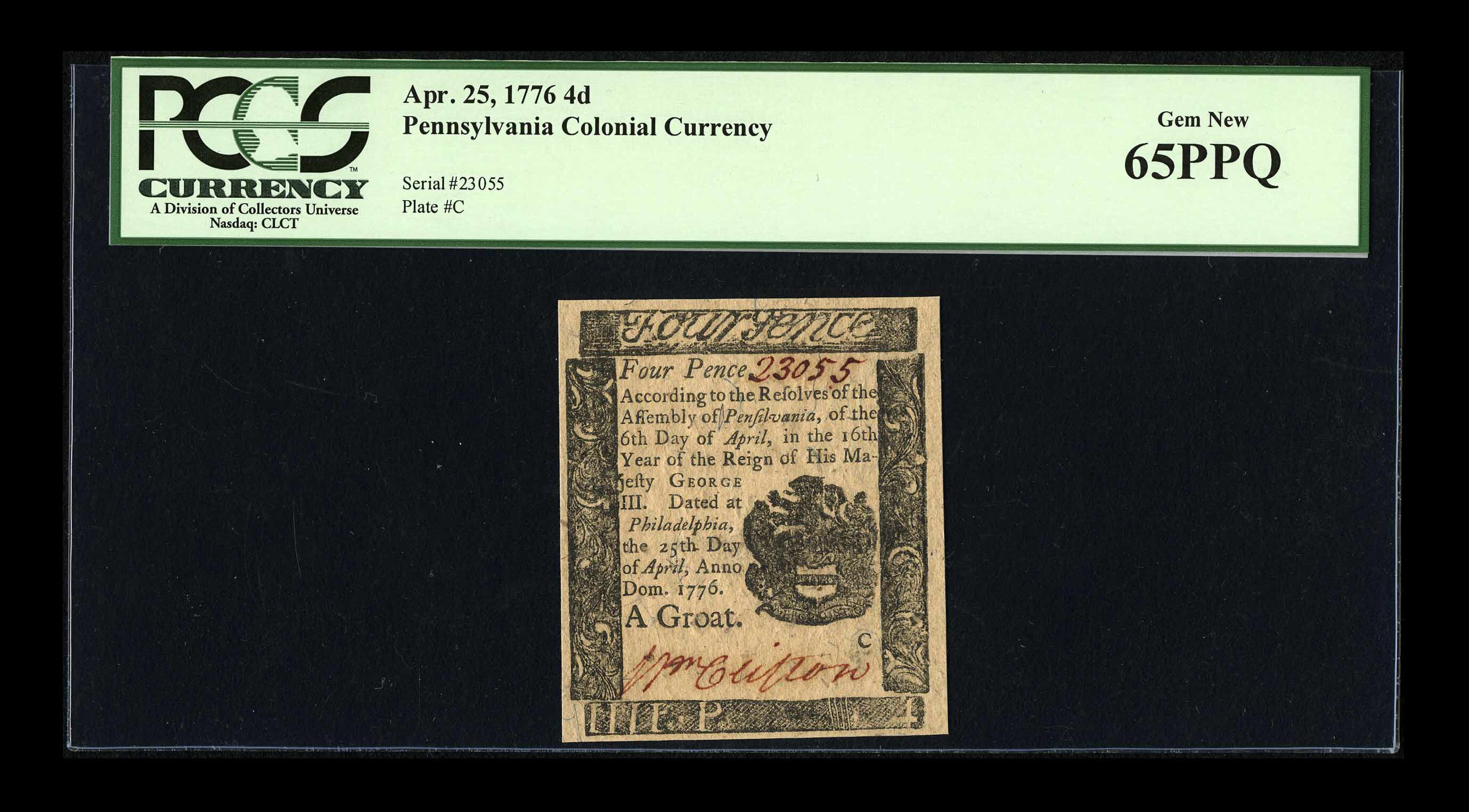 image for: Pennsylvania April 25, 1776 4d PCGS Gem New 65PPQ....