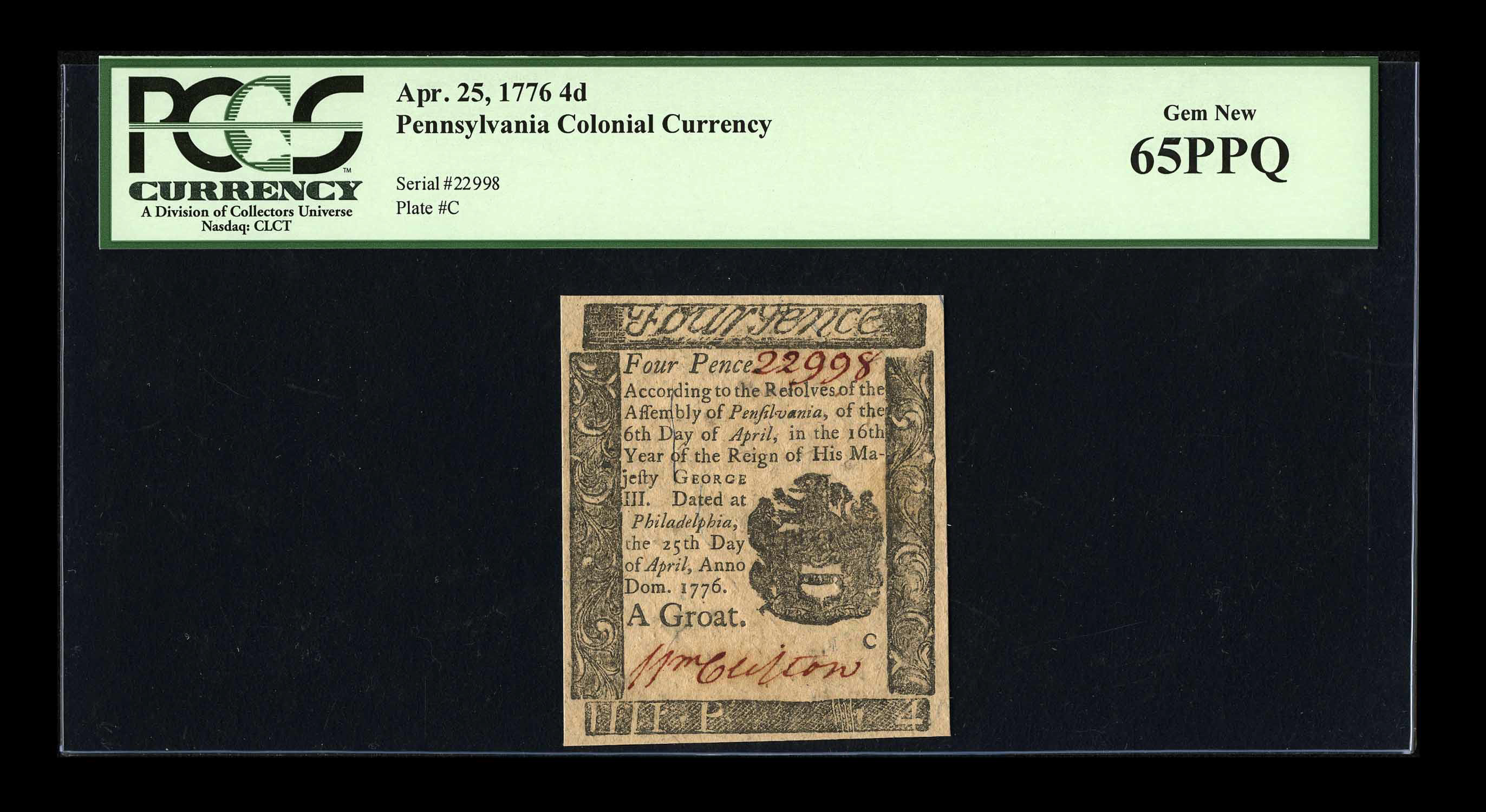image for: Pennsylvania April 25, 1776 4d PCGS Gem New 65PPQ....