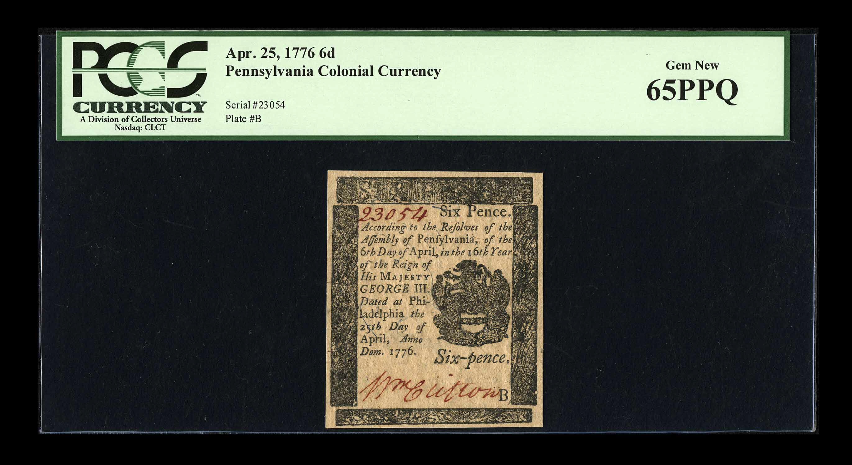 image for: Pennsylvania April 25, 1776 6d PCGS Gem New 65PPQ....