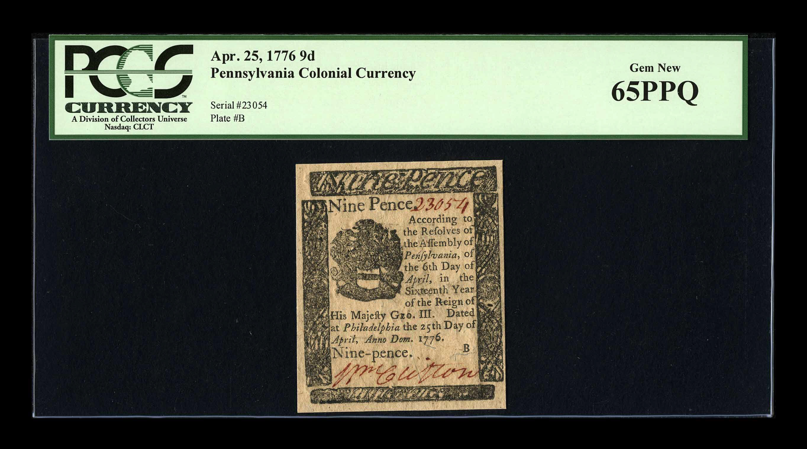 image for: Pennsylvania April 25, 1776 9d PCGS Gem New 65PPQ....
