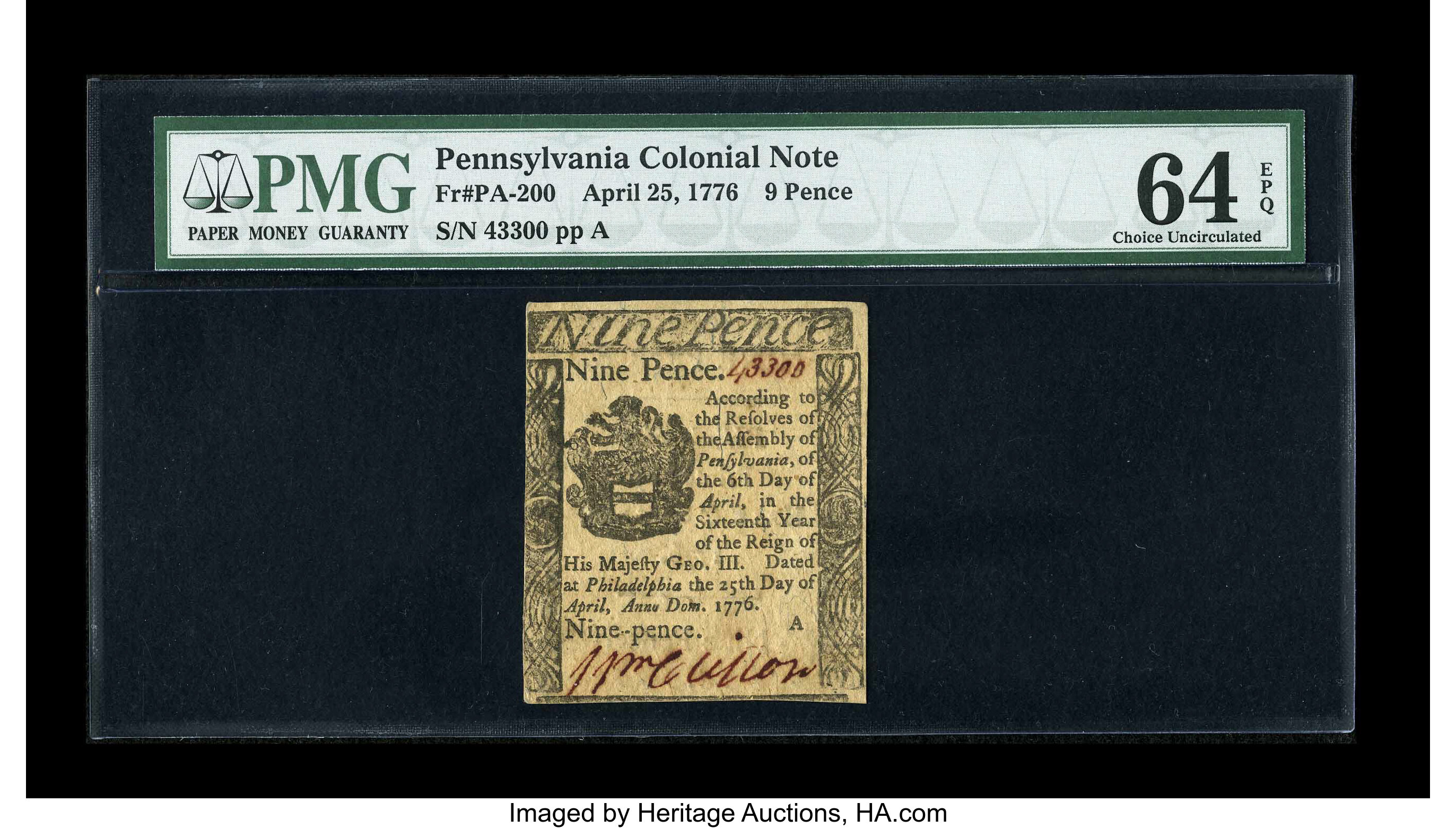 image for: Pennsylvania April 25, 1776 9d PMG Choice Uncirculated 64 EPQ....